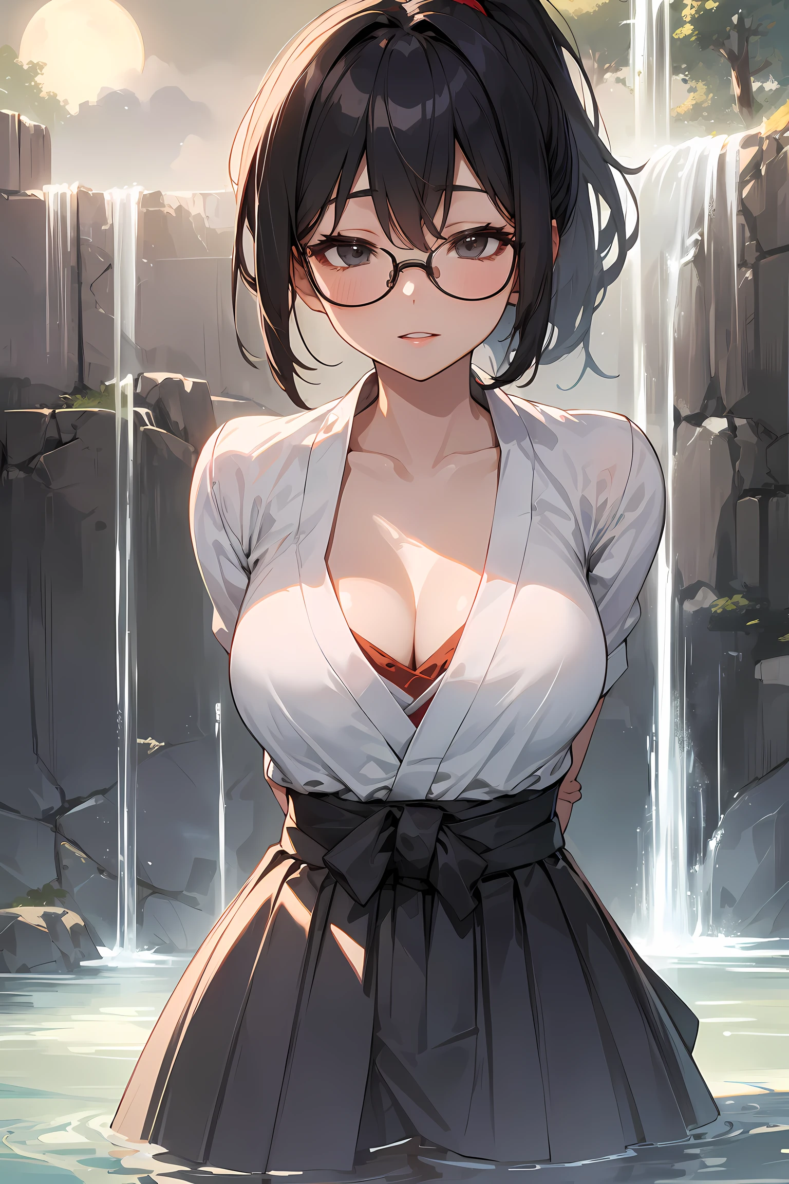 high resolution, Photo of a beautiful woman detailed_face, young handsome girl,realistic:0.5, perfect skin, (wearing a glasses:1.5), from behind:1.5, (ultra-detailed background, detailed background), bokeh, make happy expressions, happy emotion, gorgeous,pure, beautyfull detailed face and eyes,breasts, (black eyes:1.1), (a extremely pretty and beautiful Japanese woman), (sexy girl), (professional attire:1.3), (22 years old: 1.1), BREAK, (lovely outfit:1.2), (detailed miko outfit:1.2), (white dogi:1.2), (red hakama:1.2))), cleavage, beautiful detailed skin, (cute:1.2), (black hair), ((jpop idol)), (upper thigh:0.6), (depth of field),soft light, Lens Glow looking at viewer, (Drooping eyes:1.2), straight teeth,smile, floating hair, (black hair:1.2), brown eyes BREAK movie scene, cinematic, full colors, 4k, 8k, 16k, RAW photo, masterpiece, professionally color graded, professional photography, high school girl, hair up, , soft clean focus, realistic lighting and shading, (an extremely delicate and beautiful art)1.3, elegant,active angle,dynamism pose BREAK (ponytail:1.3), (shiny-black thin hair:1.2), bangs, dark brown eyes, beautiful eyes, princess eyes, (big eyes:1.3), bangs, wearing a glasses:1.3, Hair between eyes, short hair:1.3, (slender:1.1), (medium-breasts:0.95), (thin waist: 1.15), (detailed beautiful girl: 1.4), Parted lips, Red lips, full-make-up face, (shiny skin), ((Perfect Female Body)), (upper body image:1.3), Perfect Anatomy, Perfect Proportions, (most beautiful Korean actress face:1.3, extremely cute and beautiful Japanese actress face:1.3), ,(1glasses girl:1.3, solo), ,(blush:1.1), gray background, solo focus, (bust shot:1.2), cinematic light, (nostalgic night scene:1.4), (waterfall:1.4), (moon light:1.3), (arms down:1.4), (looking at viewer:1.2), (in water, under waterfall:1.3, closed eyes:1.3),