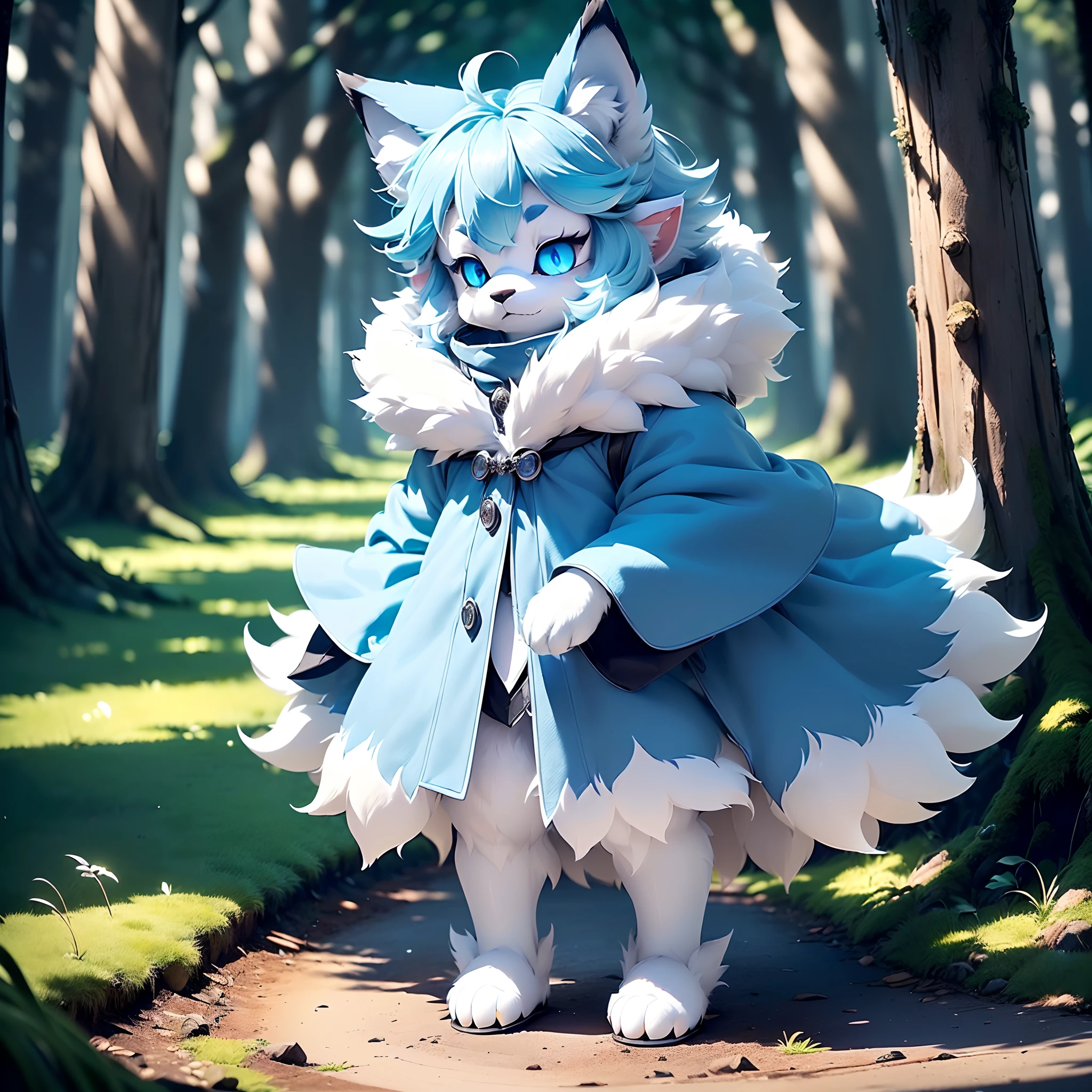Anthropomorphic standing furry little wolf，adolable, Light：Extreme light and shadow,(anthr(Full Body Furry,Head bust close-up， Pale blue hair,Large pale blue ears，Big blue eyes，The mouth is slightly open，White fur，Reddish skin ，Sky blue eyes, Pale blue hair:1.2), (long canines、Thick blue cloak，White fur trims：1.2），（the night、lawns)) ，((Deep in the dark forest at night，glowworm，独奏，solo person))，((the detail))，（depth of fields)，（Sell moe），(standing on your feet))