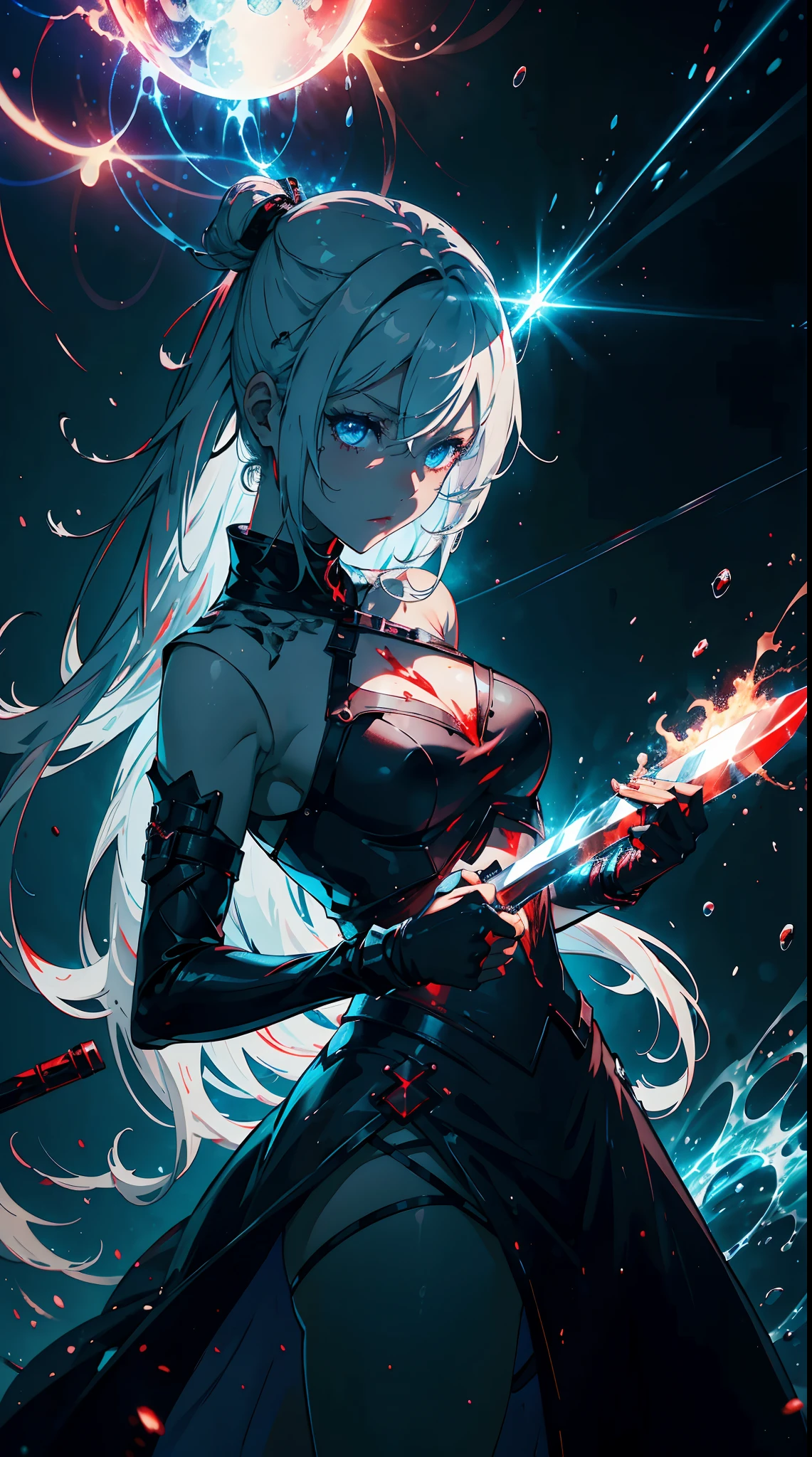 Gril, ,white hair, blue eyes,Holding a knife, red liquid and red blood, living room background.HD lighting and dark )(epic image quality) dark atmosphere with bright particle light(many effects in background)