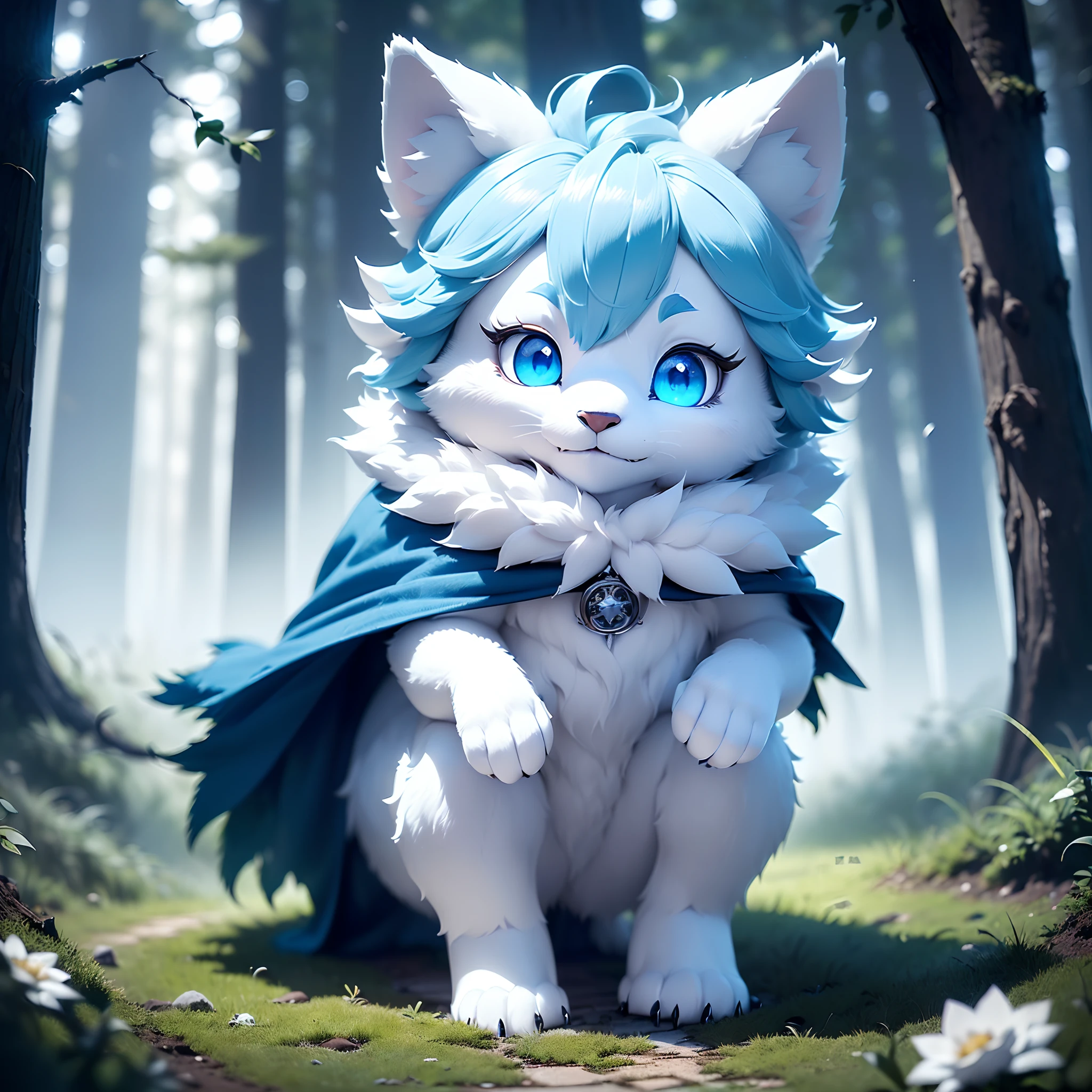 Anthropomorphic standing furry little wolf，adolable, Light：Extreme light and shadow,(anthr(Full Body Furry,Head bust close-up， Pale blue hair,Large pale blue ears，Big blue eyes，The mouth is slightly open，White fur，Reddish skin ，Sky blue eyes, Pale blue hair:1.2), (long canines、Thick blue cloak，White fur trims：1.2），（the night、lawns)) ，((Deep in the dark forest at night，glowworm，独奏，solo person))，((the detail))，（depth of fields)，（Sell moe），(standing on your feet))