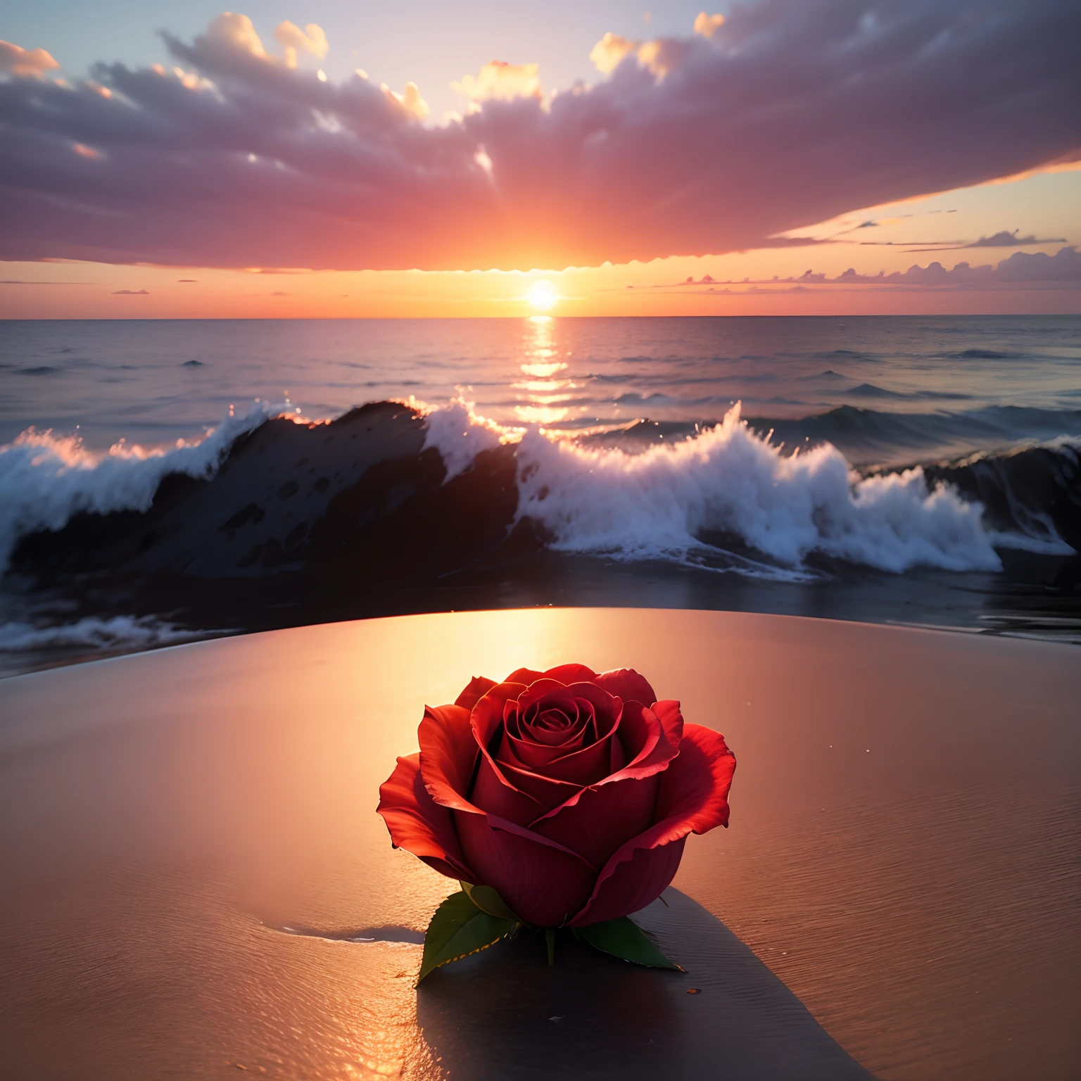 Close-up shot, a rose flower, the background is the gorgeous sunset by the sea, real texture, warm