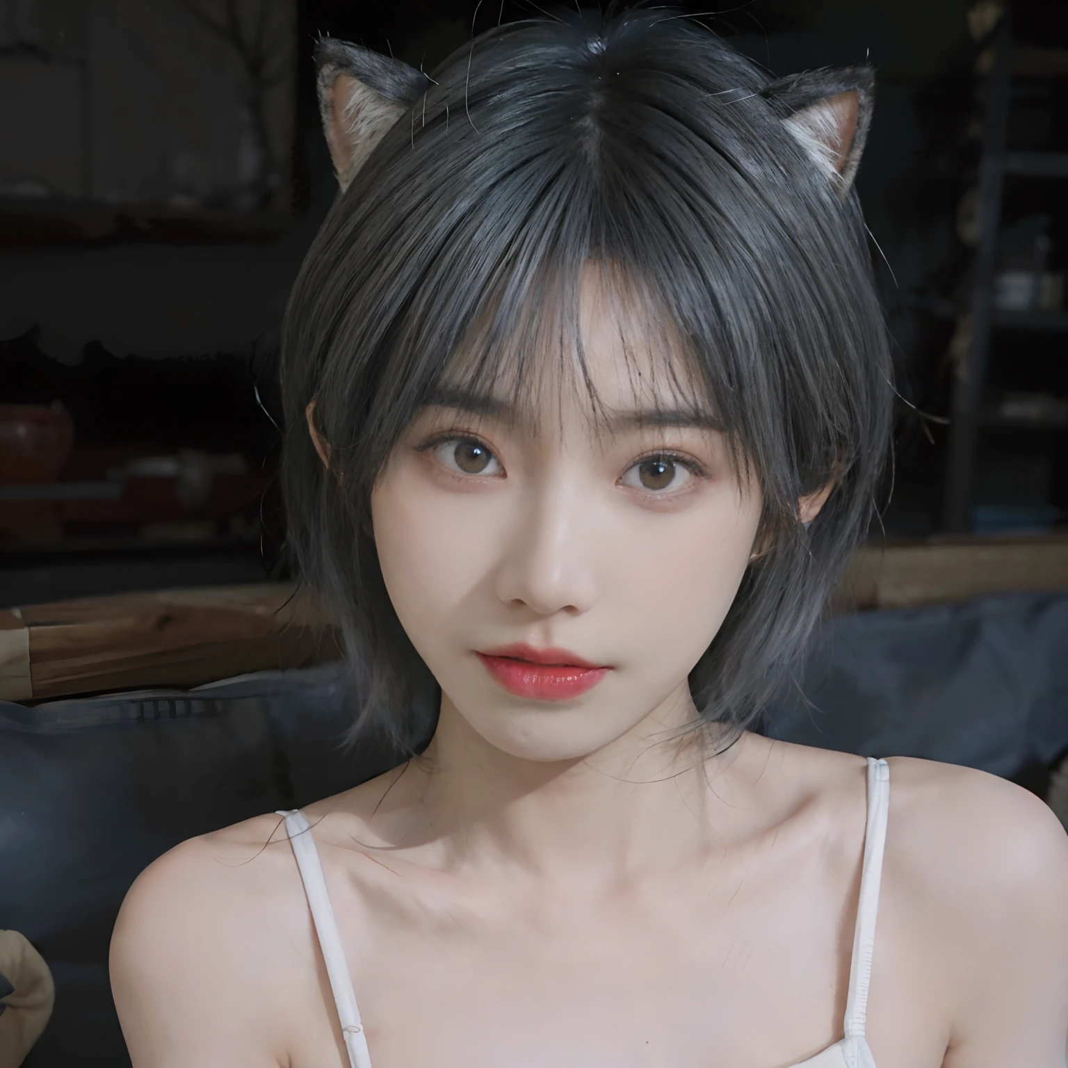 8K,((NSFW))、((Playing in the river))、((in one's underwear only))、(((Gray hair color))) 、undersized head、Best Quality, masutepiece, Ultra High Resolution, (Realism: 1.4), Original photo, (True skin texture: 1.3), (Film grain: 1.3), Beautiful eyes and face details, masutepiece, Best Quality, close up, Full body, Look at the viewer,Orange ribbon、short-cut、18year old、gray cat ears