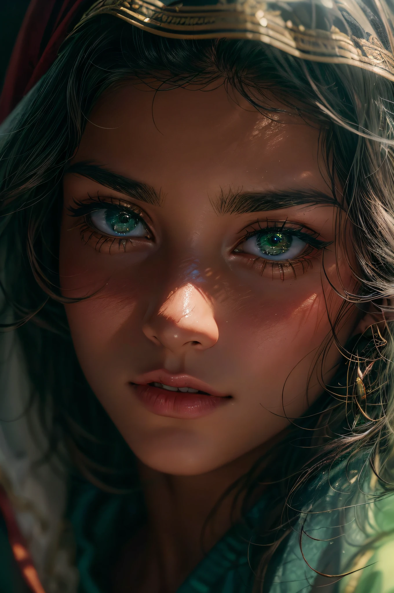 Close-up photo of a beautiful Arab girl, cara adorable, por el ancho negro, sin maquillaje, textura realista de la piel, warm, Low saturation, verde, colores ricos, por Alessio Albi, Nikon D850, ZEISS OTUS 85mm F/1.4, hiperrealista ,textura realista, Dramatic lighting, CineStill 800