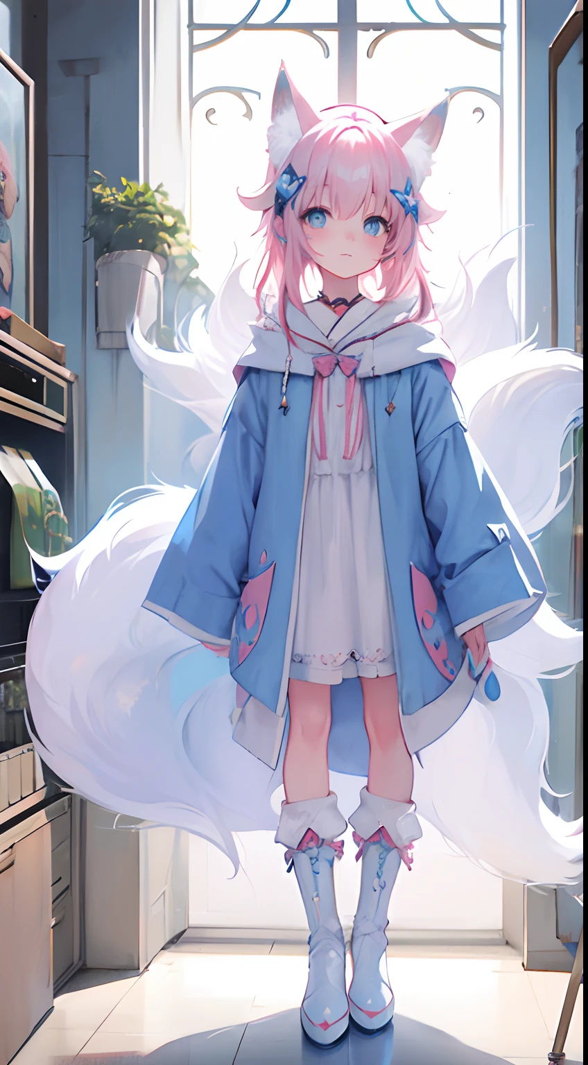 Fox royal sister,fox ear,Blue fox with big tail,A pink-haired,Big white fox on the back,Blue robe,Long boots,stand posture,Blue frieze ,Full body standing painting