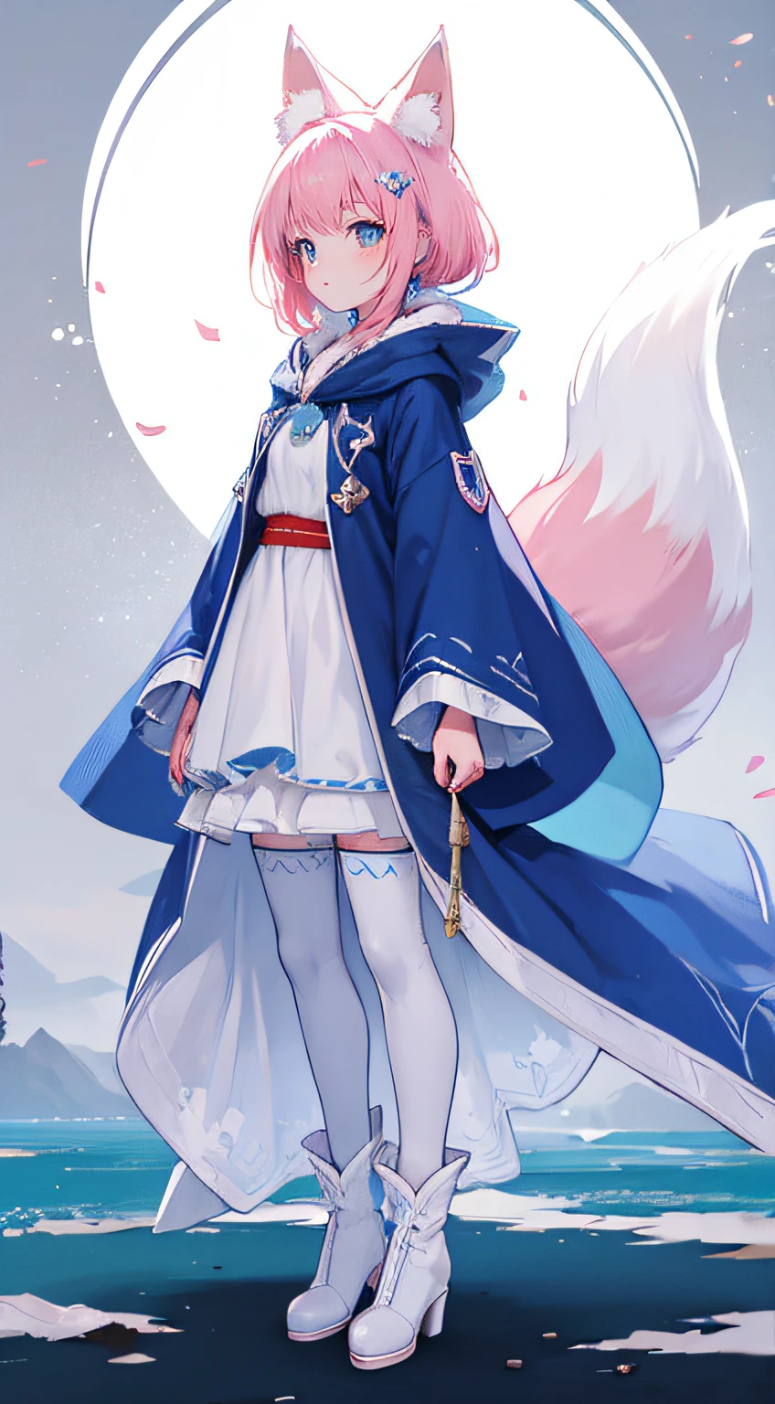 Fox royal sister,fox ear,Blue fox with big tail,A pink-haired,Big white fox on the back,Blue robe,Long boots,stand posture,Blue frieze ,Full body standing painting