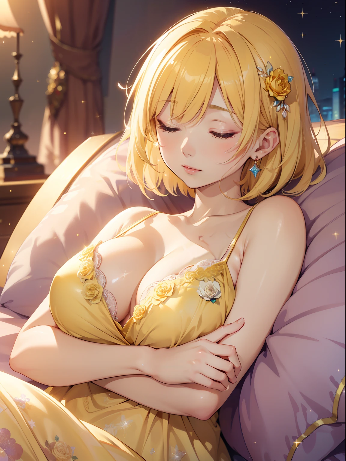 masutepiece, High resolution, 8K, anime woman, Delicate and detailed writing 、Detailed digital illustration、Short hair、perm、Shiny hair、Bangs、a very beautiful woman、Eyes are double, Large, Bust is D cup、High image quality, High quality、Detailed background、The inside of the eye shines like a diamond、Light yellow hair、Gradient pupil、(((2 arms、4 fingers, 1 thumb)))、Detailed female face、Very beautiful and cute woman、、细致背景、masterpiece、Soft Focus , Bright gradient watercolor , Lens Flare , (((Glitter))) , Glow , Dreamy , Yellow Ribbon、((Very beautiful yellow rose hair accessories))、(Sexy Nightgown),(((sleeping)))、Night Background