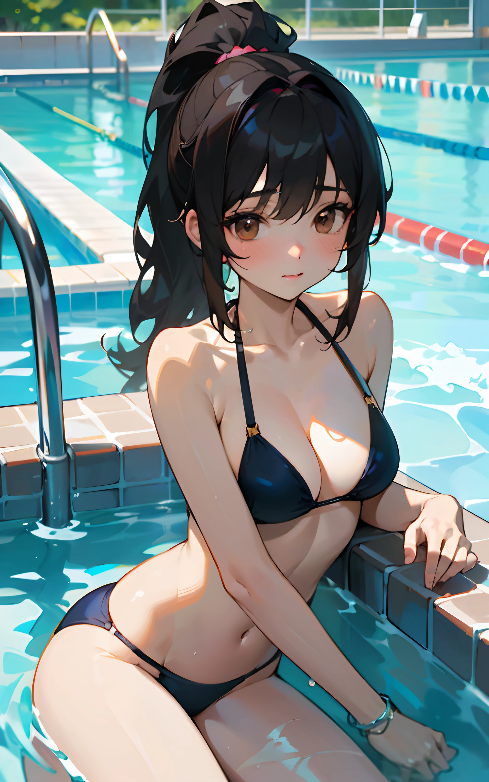 (Unity 16K wallpaper, Masterpiece, Best quality, Ultra-detailed, Extremely detailed CG, Caustics, Cinematic lighting, Detailed, Beautiful detailed eyes, Solo,swimmingpool),超高分辨率, Fine skin、Sexy,curby,NSFW,(Bikini swimwear:1.3), nabel,Long black hair,By bangs,High ponytail,Brown eyes、Breast: None,8 、Access to the pool
