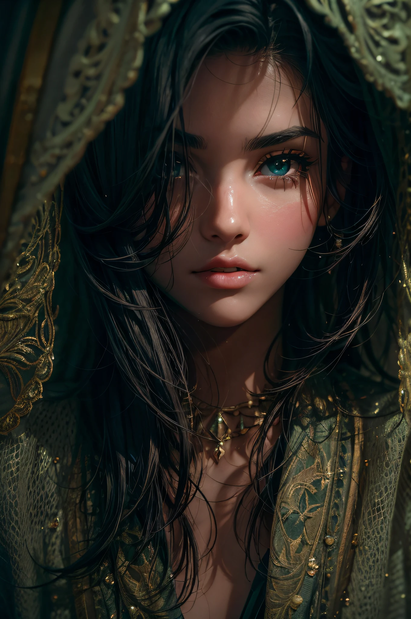 Close-up photo of a beautiful Arab girl, cara adorable, por el ancho negro, sin maquillaje, textura realista de la piel, warm, Low saturation, verde, colores ricos, por Alessio Albi, Nikon D850, ZEISS OTUS 85mm F/1.4, hiperrealista ,textura realista, Dramatic lighting, CineStill 800
