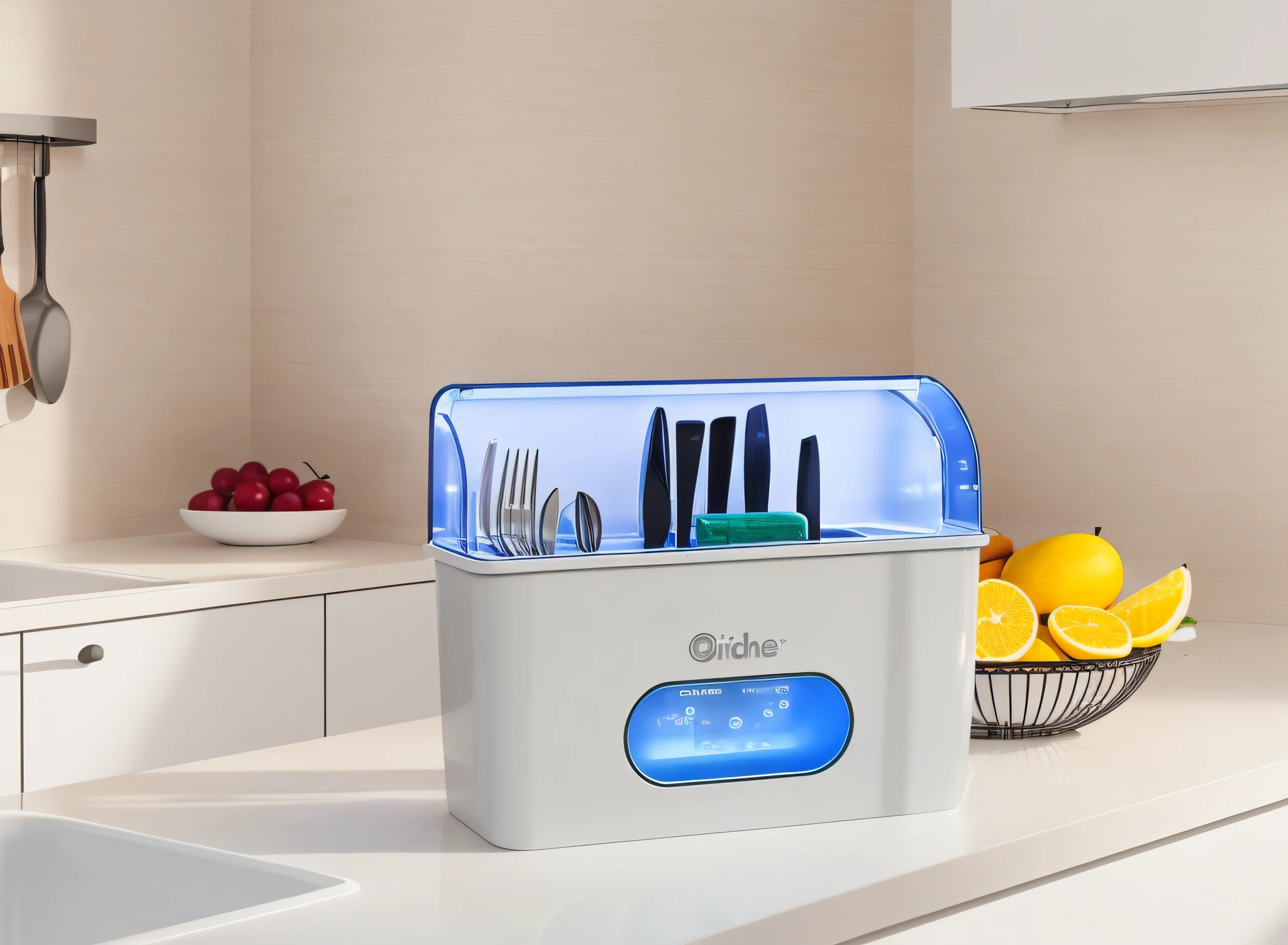 There is a kitchen counter，There was a bowl of fruit and knives inside, Big boss, Product photo, bottom angles, zido, professional product photo, product design shot, bright light masterpiece, vibrant scene, product introduction photos, full subject shown in photo, professional product shot, alternate angle, crisp smooth clean lines, 3 d product render, crisp clean shapes, vivid bright light
