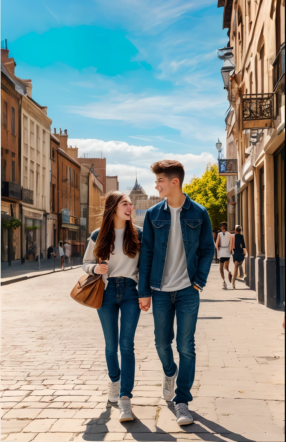 (Masterpiece,best quality,high quality,ultra-realistic, Extremely detailed:1.2)1 couple,vibrant colors,female and male teenagers,sunny day,City background