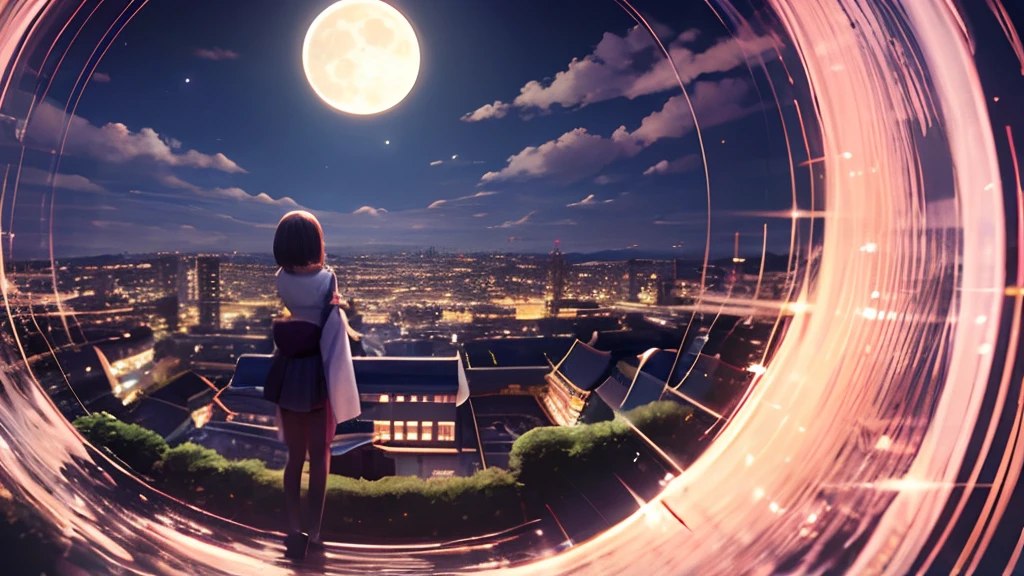 Masterith、Night when you can see the full moon well、harvest moon、A clean night in Japan、Woman Looking at the Moon、(photographed from the back)、(Long-range shots)、(femele:0.2)、(a moon:0.8)