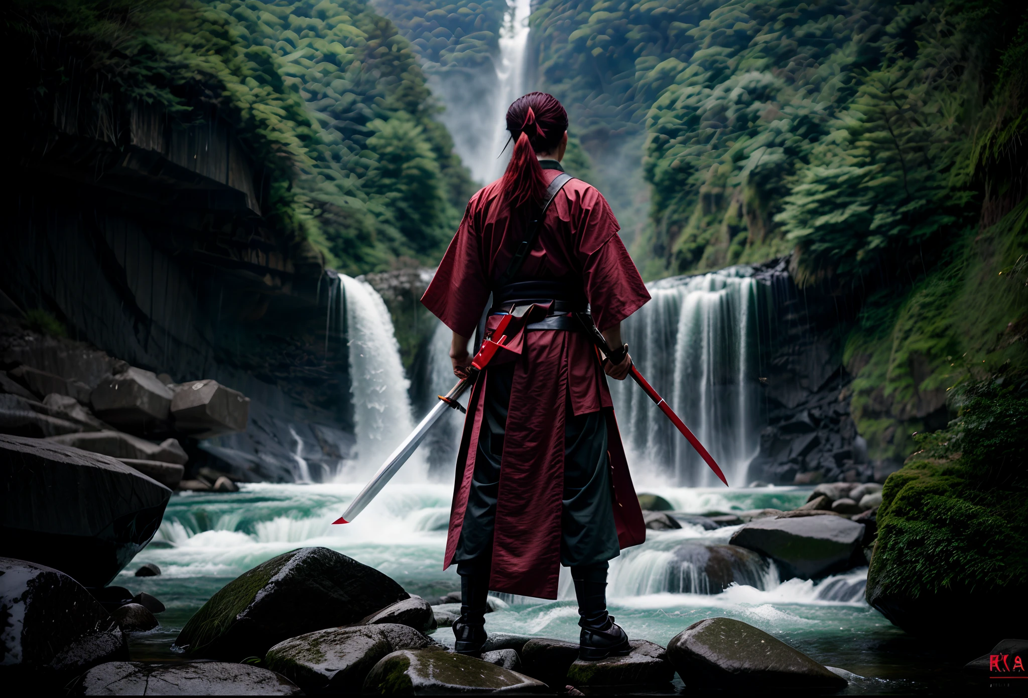 Male Japan Ronin, Red straight bangs and single ponytail,Rose-colored clothes, and white pants,katana swords,Under a huge waterfall， cinematic compositions, Movie lighting, Posters, k hd, Realistic,green color