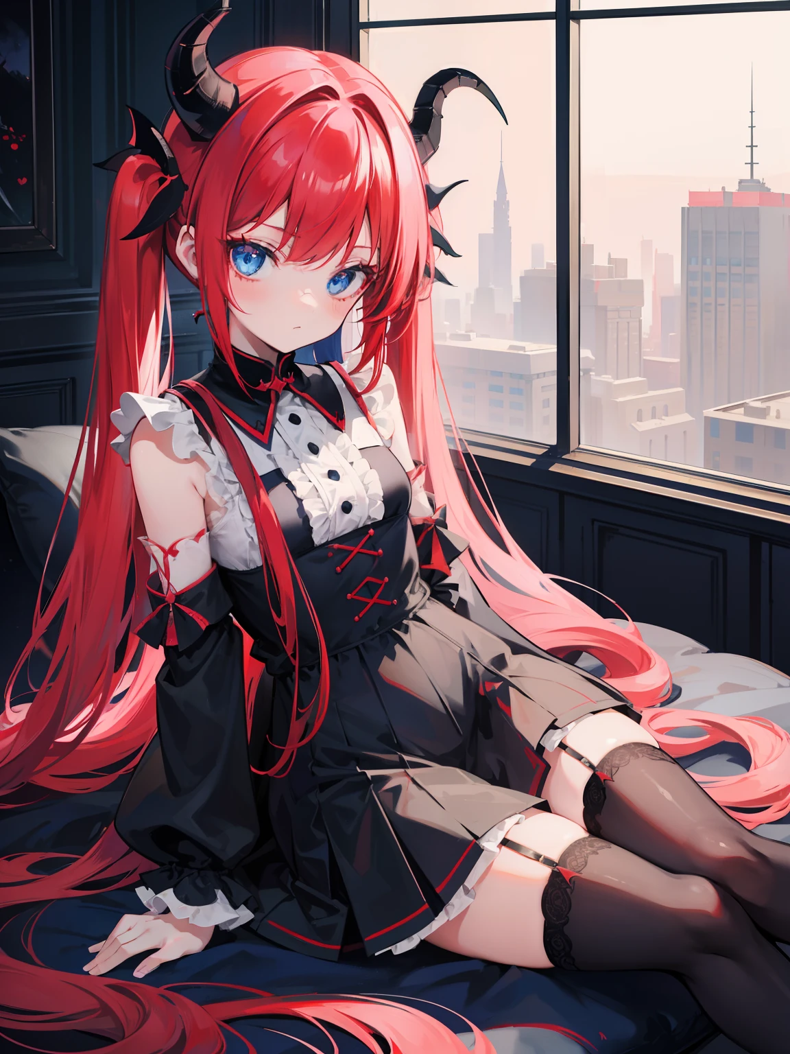 Red hair,Blue eyes,Twintails, Long hair, Solo, Loli, Black stockings,{{Best quality}}, {{Masterpiece}}, {{Ultra-detailed}}, {illustration}, {Detailed light}, {An extremely delicate and beautiful},,Cute,Succubus, demon,Horns