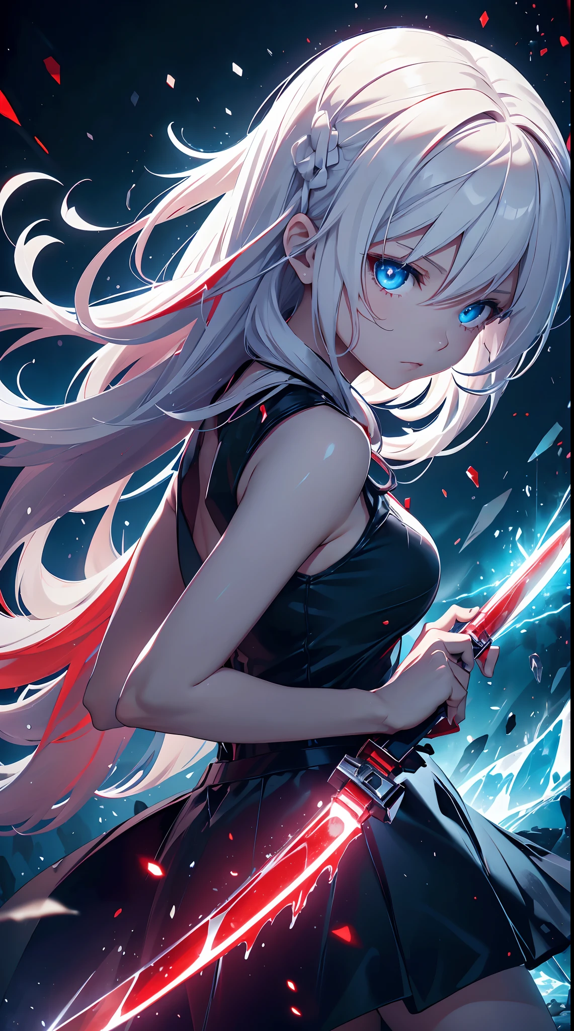 Gril, ,white hair, blue eyes,Holding a knife, red liquid and red blood, living room background.HD lighting and dark )(epic image quality)dark atmosphere with bright particle light(many effects in background)