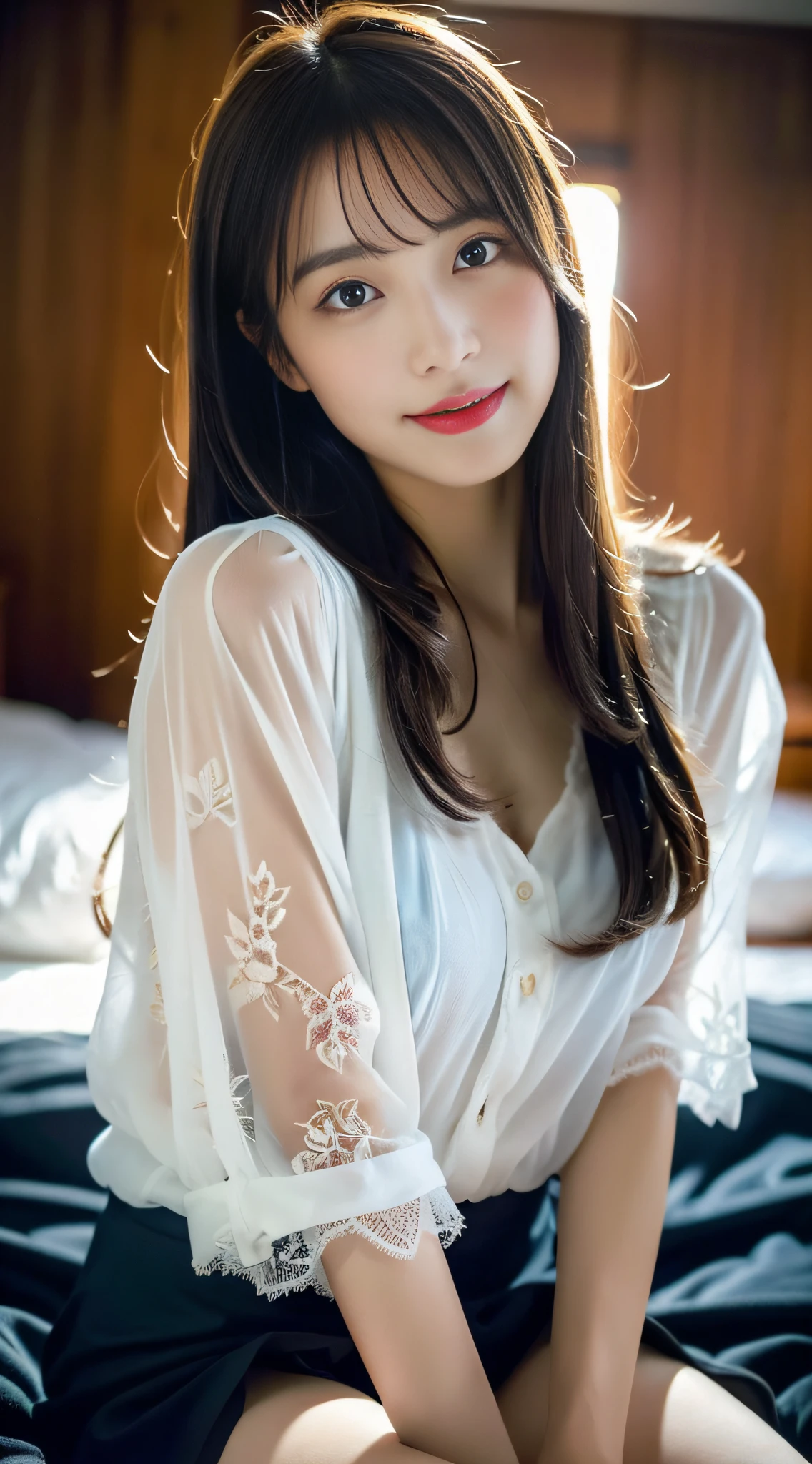 (32k,high detal,high-detail、Attention to detail,masterpiece,full body Esbian,独奏,Although incredibly beautiful and sexy、Very pretty143rd li beautiful girl:1.9),Raw photo & realistic atmosphere,beautiful dark blue eyes,Detailed mouth,Glossy lips,Detailed eyebrows,Eyes drawn in detail with soft white skin that shines in every detail、Very beautiful eyes with dark blue eyes,Detailed lips、Very beautiful face,Very well-formed face、Real Face,shiny beautiful lips,Beautiful eyebrows,Infinite reality, Realistic Young Gravure Idol, Young Sensual Gravure Idol, Young Gravure Idol, Beautiful, Sexy and cute.14-year-old girl junior high schooll beaful girl,ole body is ipped out,with a flushed face,,The body is dripping wet,Sheer clothing,Hair is wet,Dripping water,dripping,(Wet and see-through short sleeve blouse,Beautiful kind eyes,Looking at the camera:1.5),(Beautiful smooth legs,Exposed thighs,Gentle smile,Sexy shapely breasts,,Immature body,Beautiful sexy floral almost lace blouse with red and white base,Super emphasis on bare thighs,Show off your beautiful thighs sexy,Dark room in crimson sexy space,Sit on the bed、Stand on both feet:1.7),(semi-long hair with shiny knots,White and gold abstract floral lace blouse,3dUltra-high resolution blouse with super detail、Lace and ruffles、See-through fabric for sexiness,All buttons of the blouse are unbuttoned.,The lower part of the body wears black pantyhose, Garter belts and G-strings,cover crotch with hands,Warm your crotch with your hands,Dark red,total darkness,The room is dark、Difficult to see the subject.,Pitch black red sexy space:1.9)