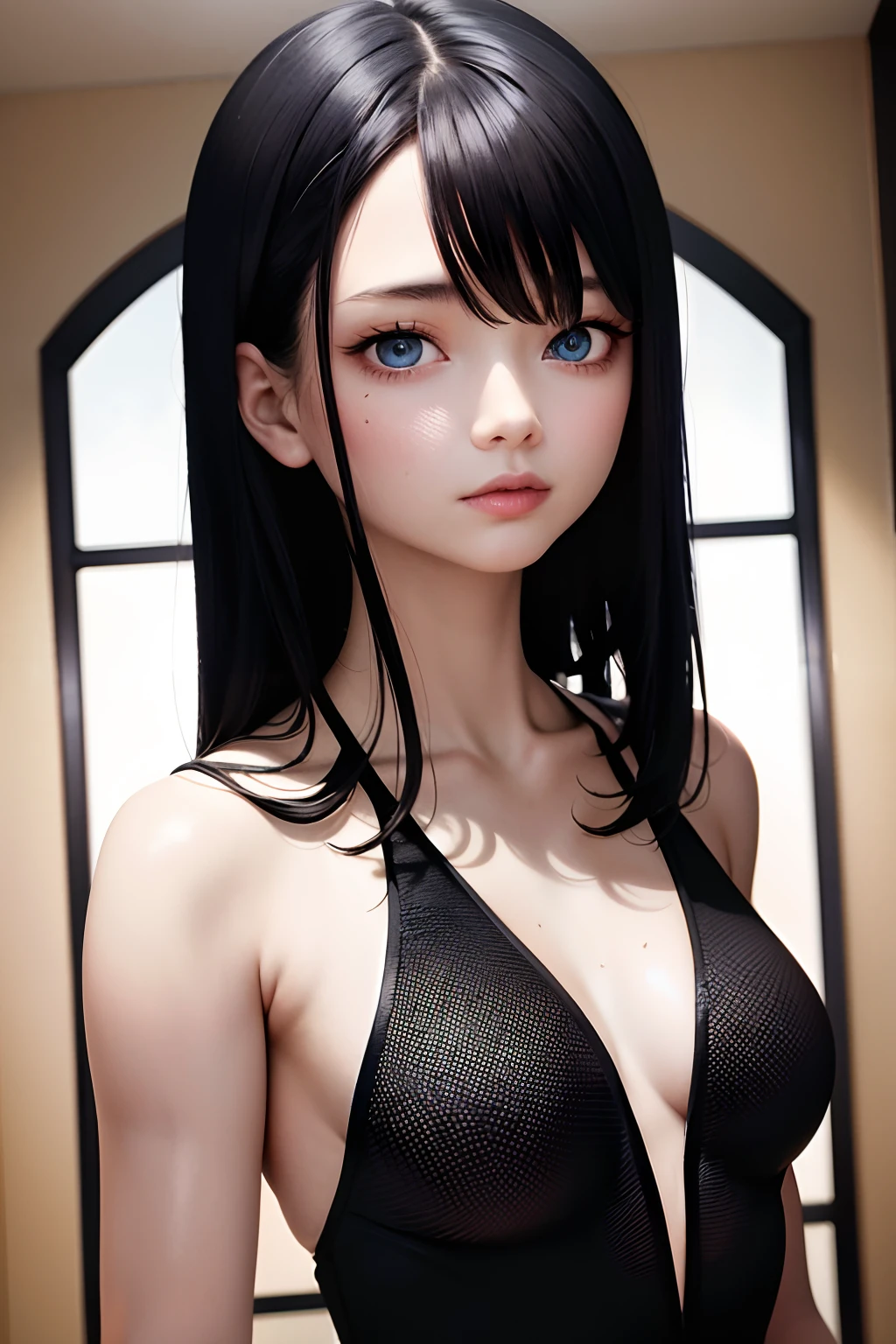 best quality, masterpiece,Black hair, blue eyes, looking up, upper body