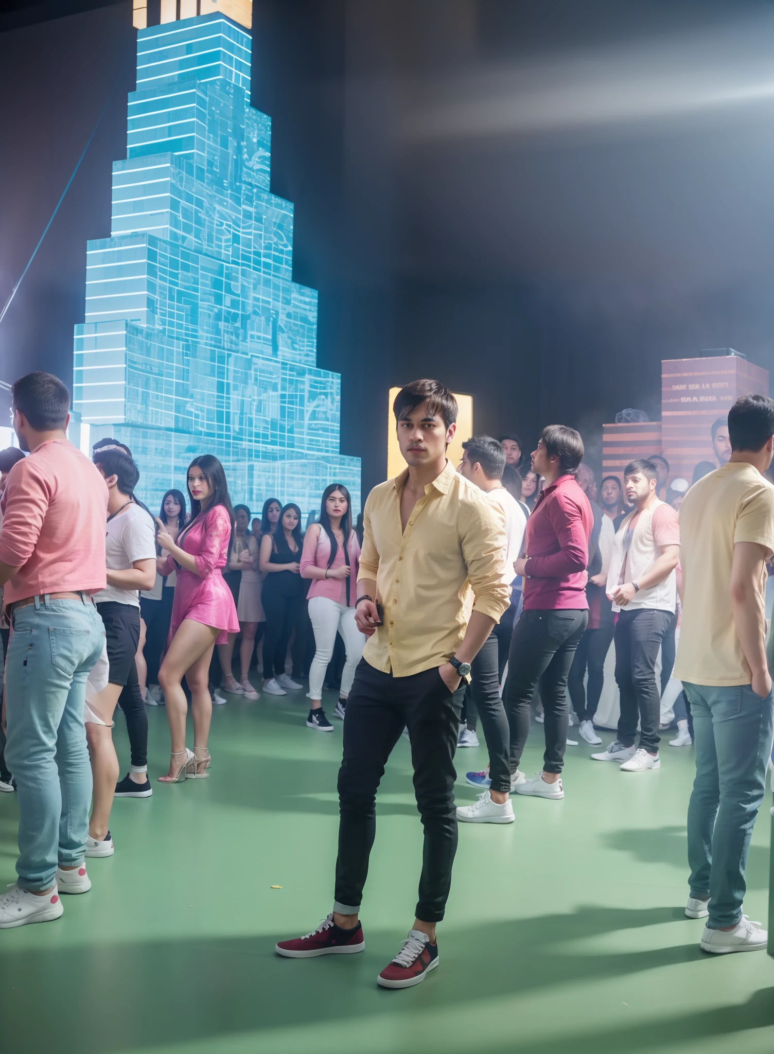 there are many people standing in a line in front of a building, performing a music video, stylish pose, model posing, people dancing in background, cinematic shoot, full body photogenic shot, people enjoying the show, party people in background, shot on nikon z9, many partygoers, scene from a rave, dancing in the background, fashion show photo, candid picture, best quality, ultra realistic face, hyperrealistic, hyperdetailed, masterpiece, detailed face, realistic face, ultra detailed picture,
