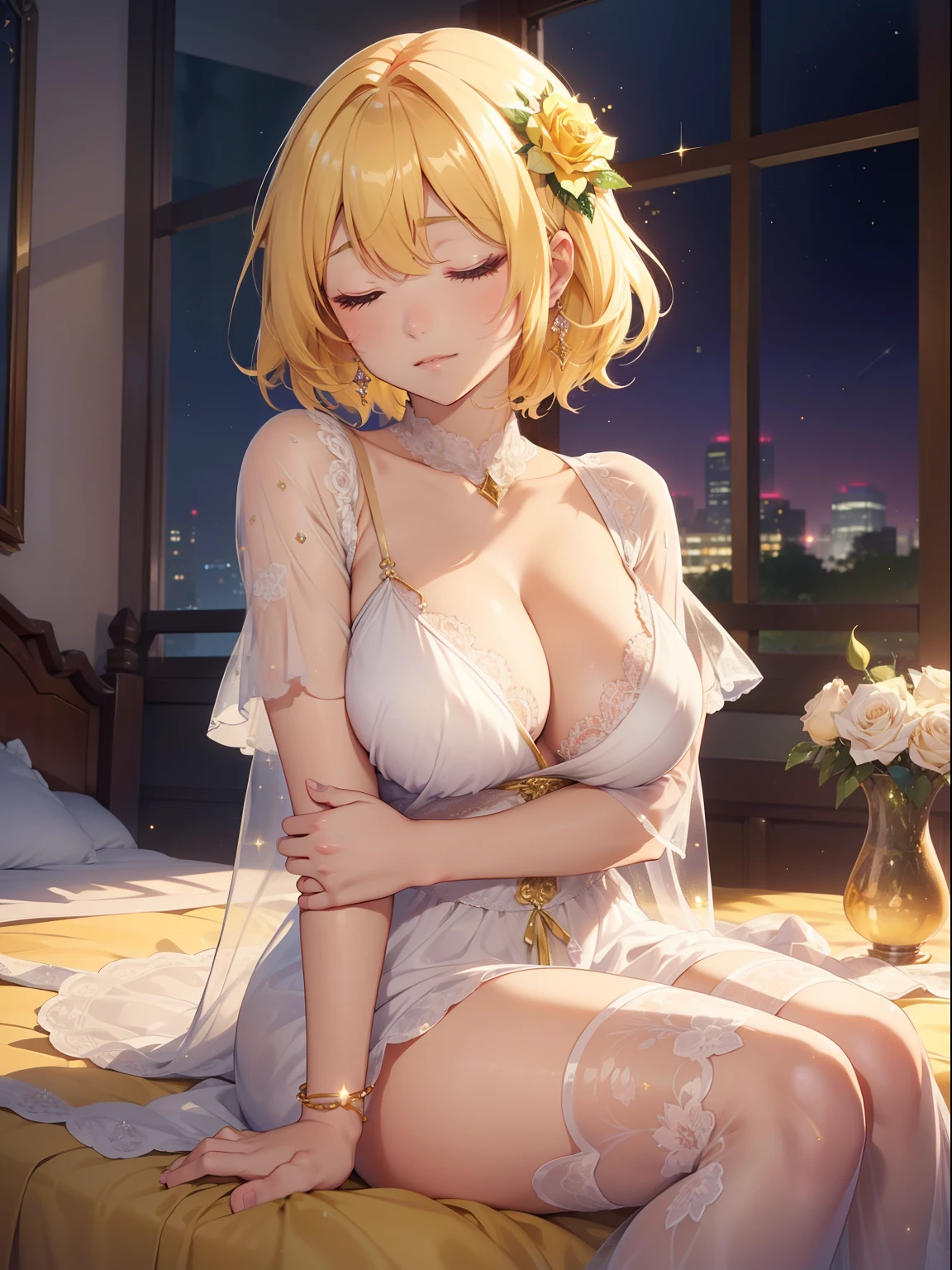 masutepiece, High resolution, 8K, anime woman, Delicate and detailed writing 、Detailed digital illustration、Short hair、perm、Shiny hair、Bangs、a very beautiful woman、Eyes are double, Large, Bust is D cup、High image quality, High quality、Detailed background、The inside of the eye shines like a diamond、Light yellow hair、Gradient pupil、(((2 arms、4 fingers, 1 thumb)))、Detailed female face、Very beautiful and cute woman、、细致背景、masterpiece、Soft Focus , Bright gradient watercolor , Lens Flare , (((Glitter))) , Glow , Dreamy , Yellow Ribbon、((Very beautiful yellow rose hair accessories))、(Sexy Nightgown),(((sleeping)))、Night Background