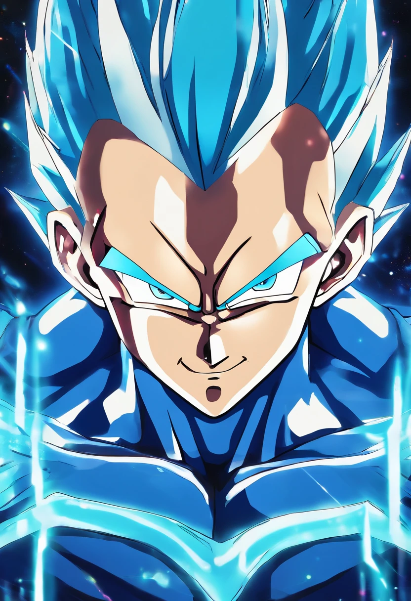 Vegeta,Blue hair,grim eyes,The whole body exudes a blue aura,4k,wallpaper art,Light particles