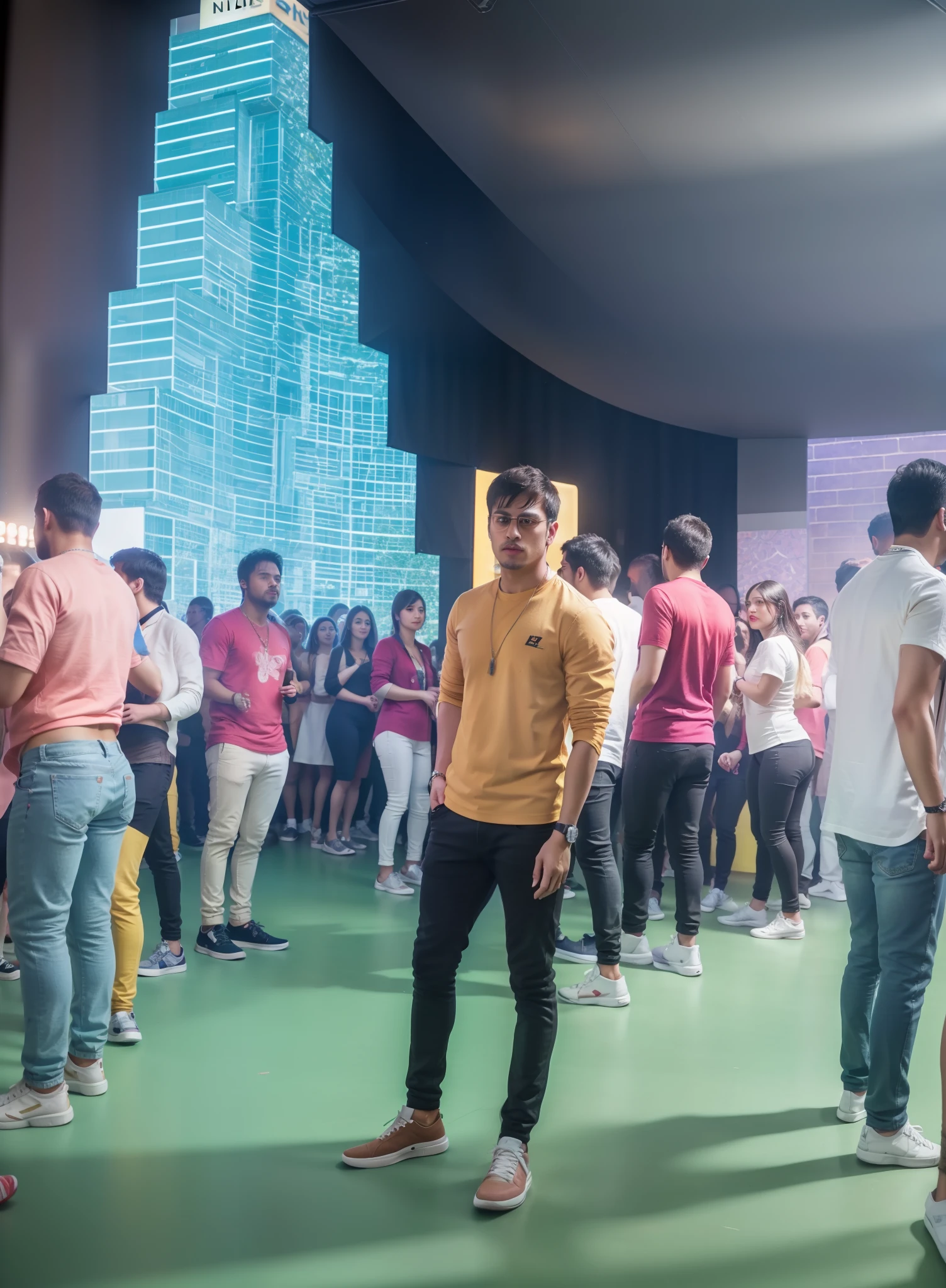 there are many people standing in a line in front of a building, performing a music video, stylish pose, model posing, people dancing in background, cinematic shoot, full body photogenic shot, people enjoying the show, party people in background, shot on nikon z9, many partygoers, scene from a rave, dancing in the background, fashion show photo, candid picture, best quality, ultra realistic face, hyperrealistic, hyperdetailed, masterpiece, detailed face, realistic face, ultra detailed picture,