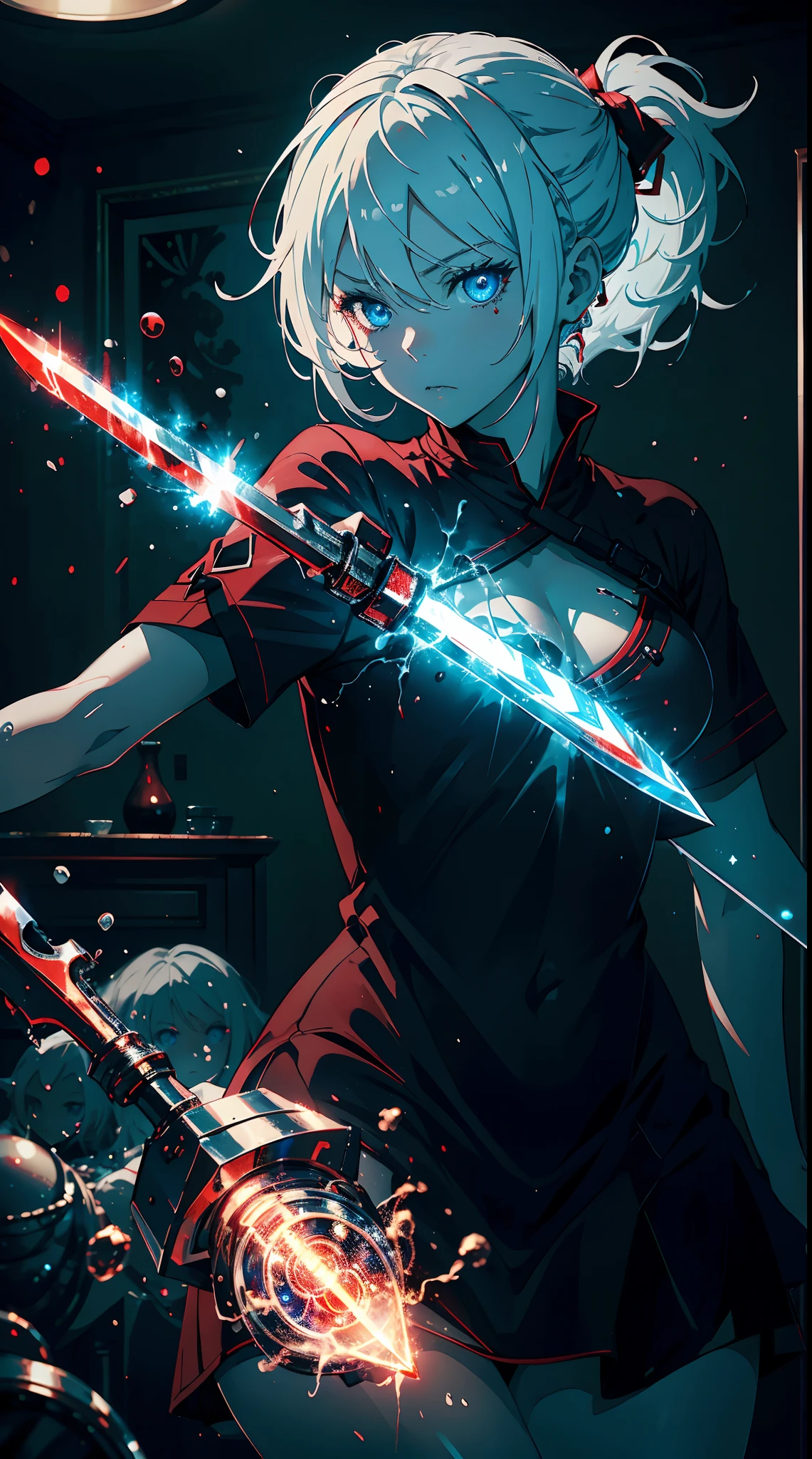 Gril, loli,white hair, blue eyes,Holding a knife, red liquid and red blood, living room background.HD lighting and dark )(epic image quality) dark atmosphere with bright particle light(many effects in background)