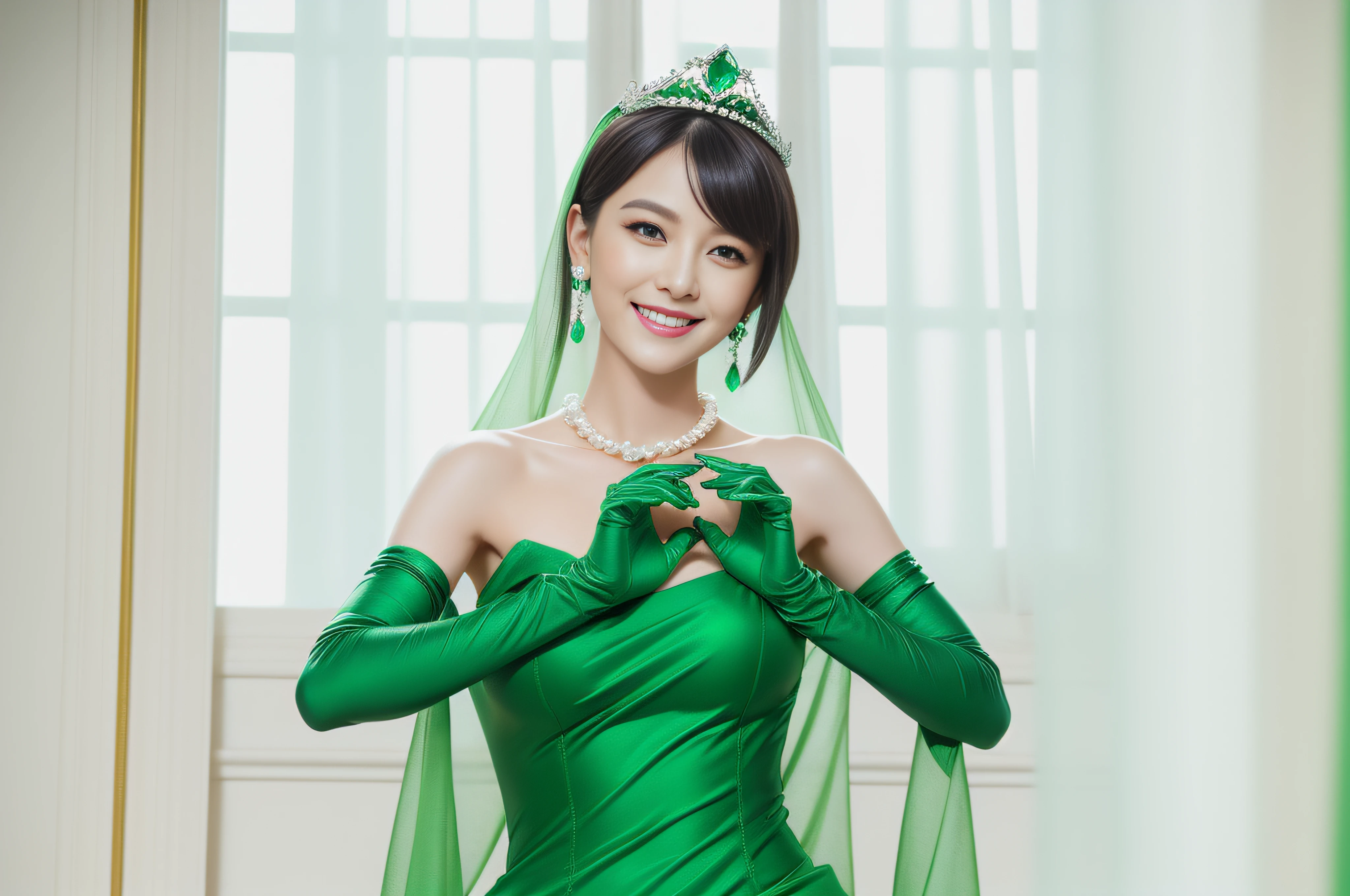 emerald tiara, Green Pearl Necklace, Boyish very short black hair, lipsticks, Japan woman smiling, very short short hair, big breasts beautiful, Green eyes, Long green gloves made of satin material, Green eyes, Emerald Earrings, Green dress
