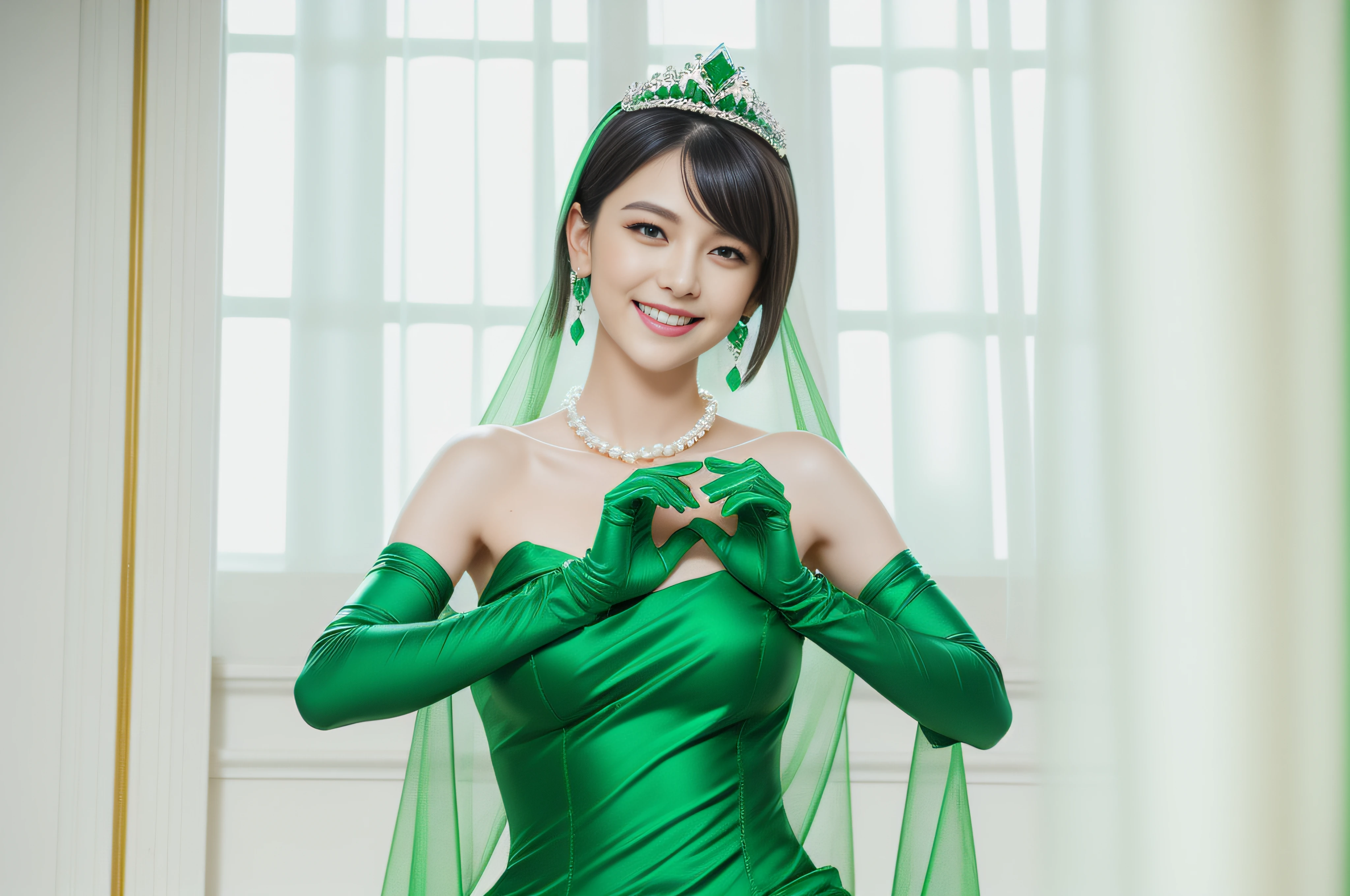 emerald tiara, Green Pearl Necklace, Boyish very short black hair, lipsticks, Japan woman smiling, very short short hair, big breasts beautiful, Green eyes, Long green gloves made of satin material, Green eyes, Emerald Earrings, Green dress