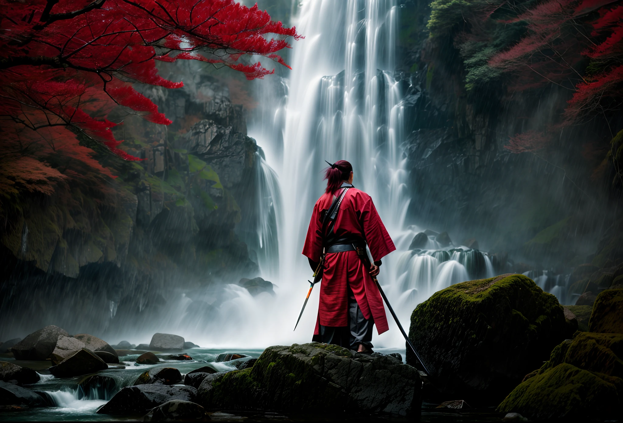 Man Japan Ronin, Red straight bangs and single ponytail,Rose-colored clothes, and white pants,katana swords,Under a huge waterfall, cinematic compositions, Movie lighting, Posters, k hd, Realistic,green color