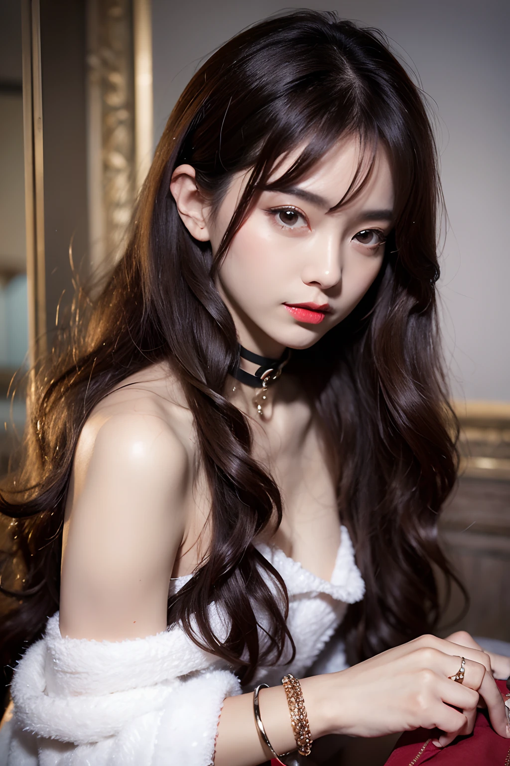 Works of masters,Higher quality,超高分辨率,8K分辨率,depth of fields,in a panoramic view,first person perspective,Slim waist,Vivid colors,s the perfect face,Girl,solo person,ssmile,Red lips,Big eyes,long whitr hair,A brown-haired,Wave head,Bracelet,Collar,bangle,Gorgeous Hanfu,frilld,lacing,Bare shoulders,fur shawl,Facing the viewer,eventide,Temple,Natural soft light