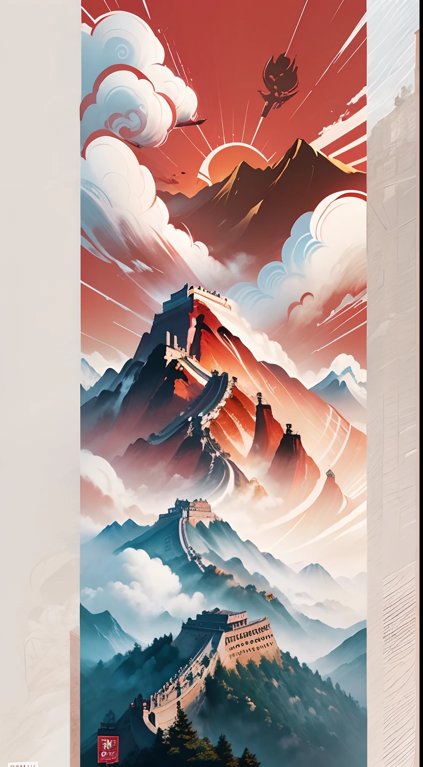 Great Wall with mountains sunshine five-star red flag in center composition poster,Use strong lines to stylize your image。The poster uses a circular composition,There is a large area of white space on the edges。Decorating the picture with clouds and pine trees makes the whole picture visually balanced。