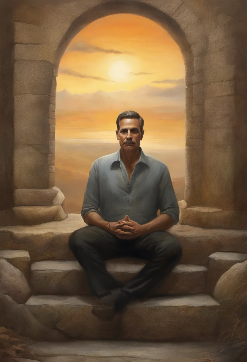 homem maduro, Sitting in a meditative position, In front of the beautiful Horizonte, When the sun goes down, In relation to God, Portrait photos, supervision: by Drew Tucker, supervision: Adam Marczyński, supervision: Alexander Kuchharsky, supervision: by Gavin Nolan, 8k surrealism, supervision: by Jason Felix, yuri shwedoff and tom bagshaw, illustrative art, Estilo Erik Johansson
