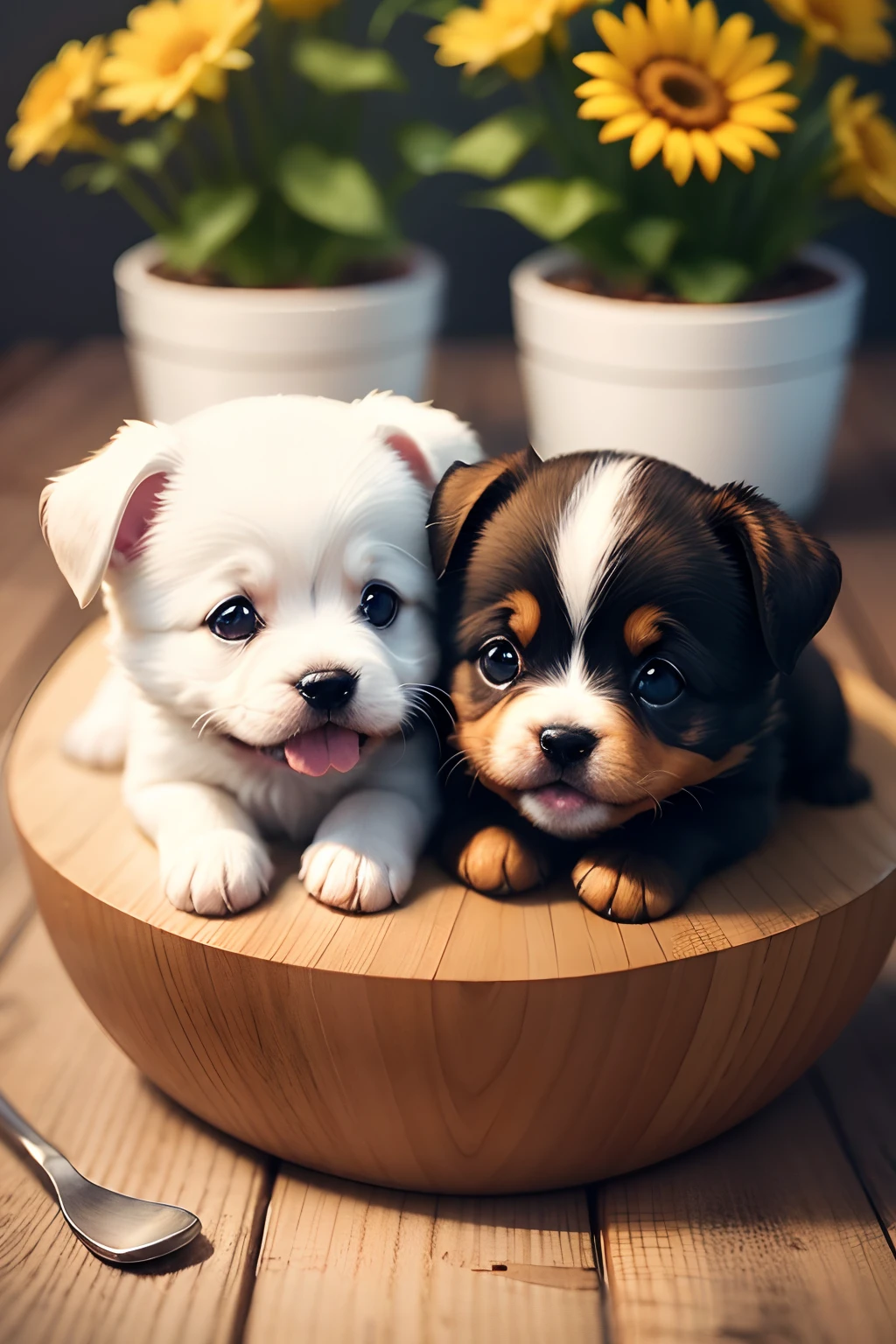 Cute puppies playing on a table, food, flowers