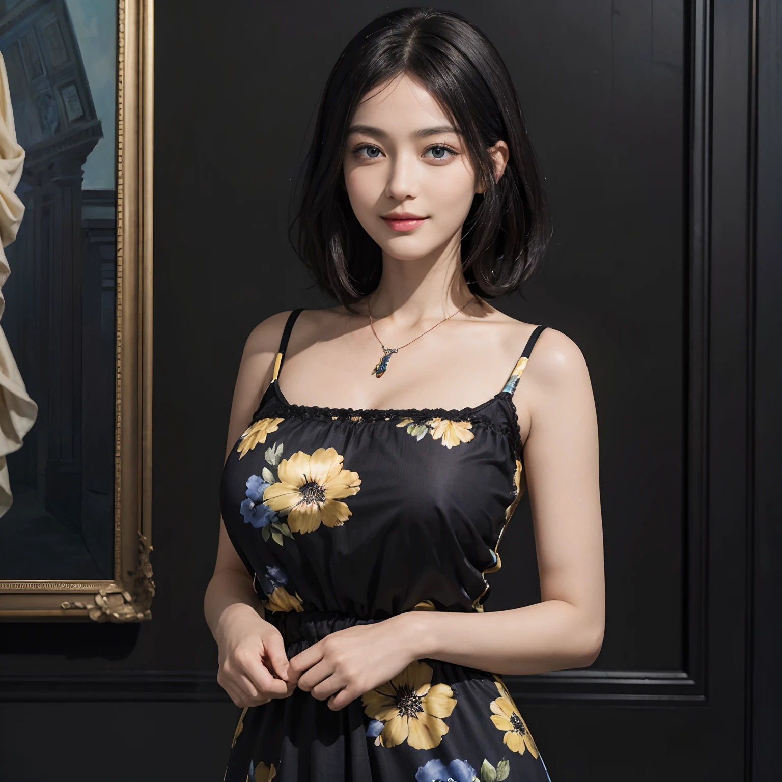 (((Black Shorthair))), (Louvre Museum), Pose Seductive, (A hyper-realistic), (Illustration), (Increased resolution), (8KUHD), (Extremely detailed), (Best Illustration), (Beautiful and detailed eyes), (Best Quality), (ultra-detailliert), (masutepiece ), ( Wallpaper), (Detailed face), Solo, (One woman dressed in blue and yellow), (Floral clothing), (Breast bulge), Fine details, Detailed face, Deep Shadows, lowkey, Smiling, (Stand in front of an abstract painting), Wearing a necklace
