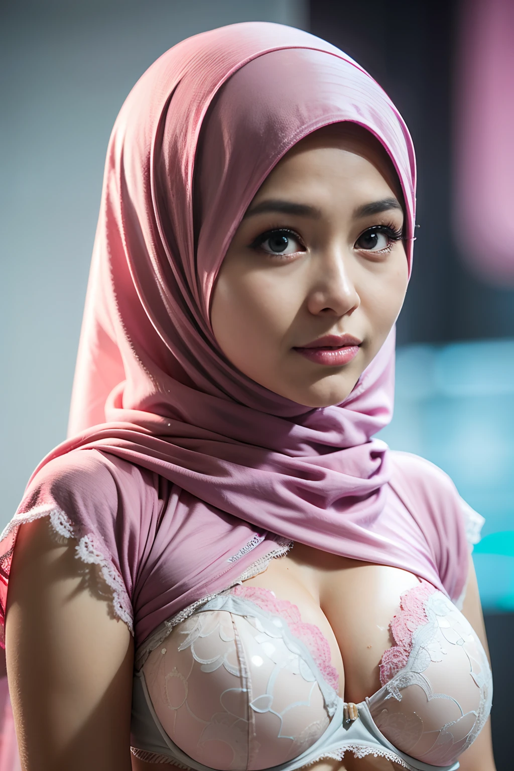 1 malay girl , modern plain hijab,  shy, medium portrait shot , watery  eyes , pink glowing particles, wear pastel pink lace bra, big breast, pink light bokeh background, proportional body,