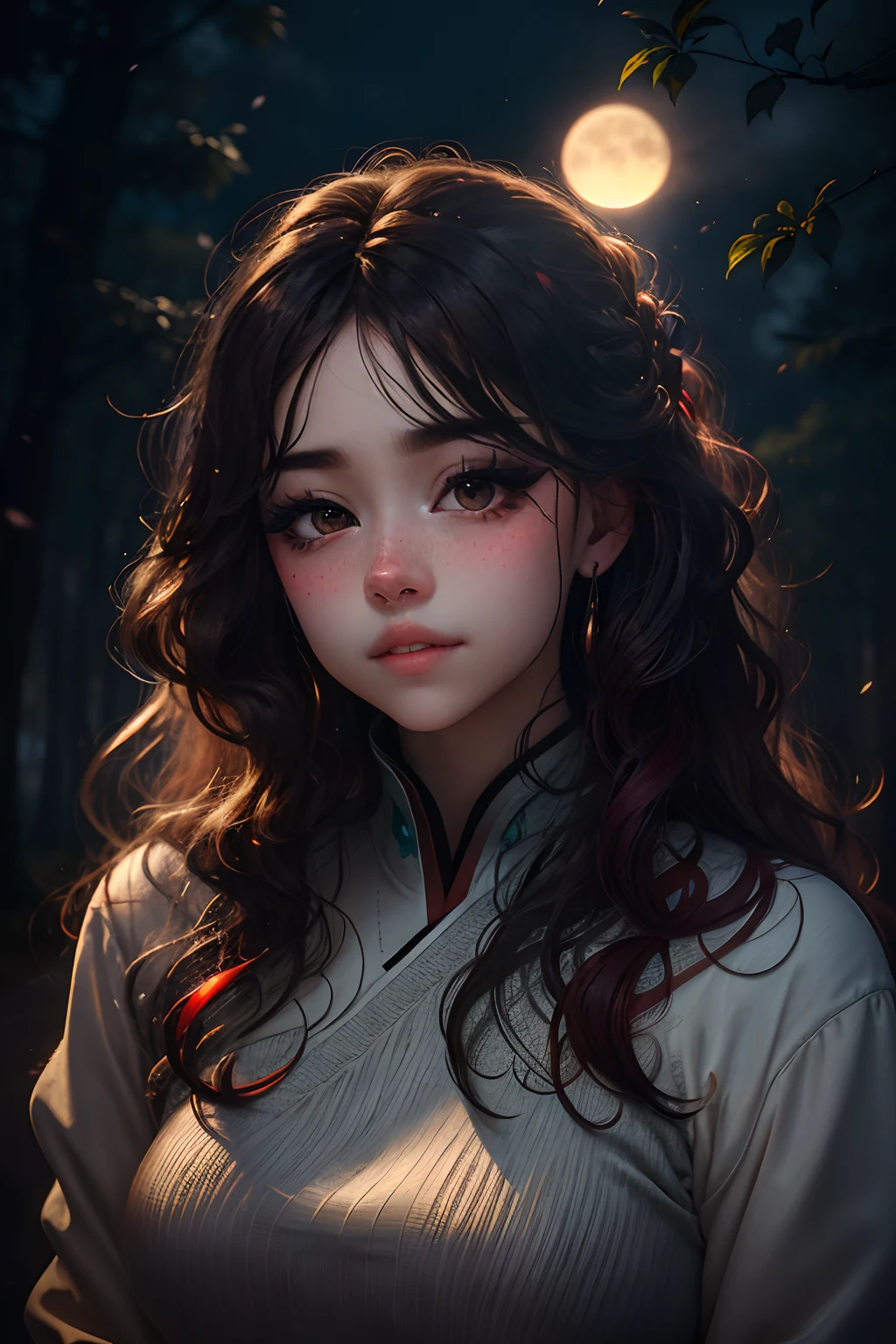 wearing (sweater), portrait, beautiful face, pretty eyes, outside, portrait, park, trees, teeth, eyes open, ward winning photo, best quality, upper body, Hannahowo, windblown black hair, by lee jeffries nikon d850 film stock photograph 4 kodak 400 camera f1.6 lens rich colors hyper realistic lifelike texture natural lighting unreal engine trending on artstation cinestill 800, (100mm lens) Wavy Gray Hair、red eyes、sparkly eyes、Beautiful girl alone、qipao dress、Beautiful Moon、natta、red blush、outside