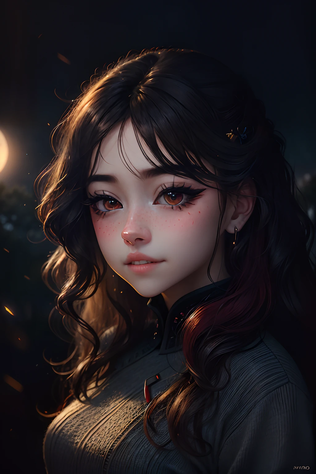 wearing (sweater), portrait, beautiful face, pretty eyes, outside, portrait, park, trees, teeth, eyes open, ward winning photo, best quality, upper body, Hannahowo, windblown black hair, by lee jeffries nikon d850 film stock photograph 4 kodak 400 camera f1.6 lens rich colors hyper realistic lifelike texture natural lighting unreal engine trending on artstation cinestill 800, (100mm lens) Wavy Gray Hair、red eyes、sparkly eyes、Beautiful girl alone、qipao dress、Beautiful Moon、natta、red blush、outside