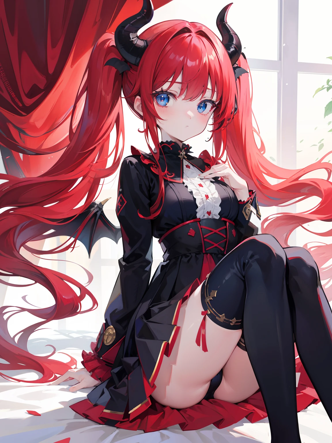 Red hair,Blue eyes,Twintails, Long hair, Solo, Loli, Black stockings,{{Best quality}}, {{Masterpiece}}, {{Ultra-detailed}}, {illustration}, {Detailed light}, {An extremely delicate and beautiful},,Cute,Succubus, demon,Horns