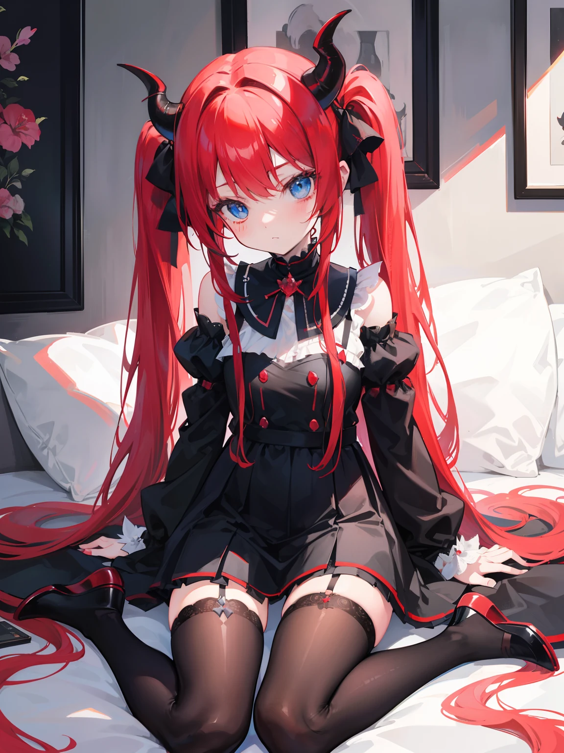 Red hair,Blue eyes,Twintails, Long hair, Solo, Loli, Black stockings,{{Best quality}}, {{Masterpiece}}, {{Ultra-detailed}}, {illustration}, {Detailed light}, {An extremely delicate and beautiful},Little girl,Cute,Succubus, demon,Horns