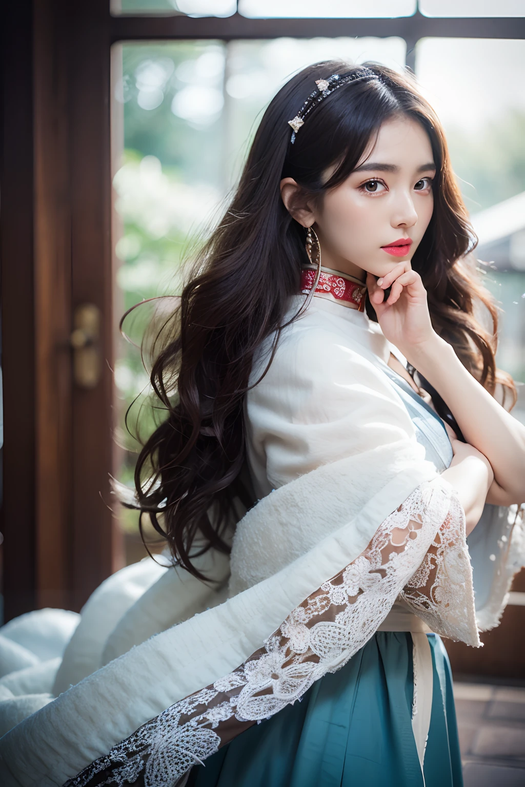 Works of masters,Higher quality,超高分辨率,8K分辨率,depth of fields,in a panoramic view,first person perspective,Slim waist,Vivid colors,s the perfect face,Girl,solo person,ssmile,Red lips,Big eyes,long whitr hair,A brown-haired,Wave head,Bracelet,Collar,bangle,Gorgeous Hanfu,frilld,lacing,White gauze shawl,fur shawl,Facing the viewer,eventide,Temple,Natural soft light