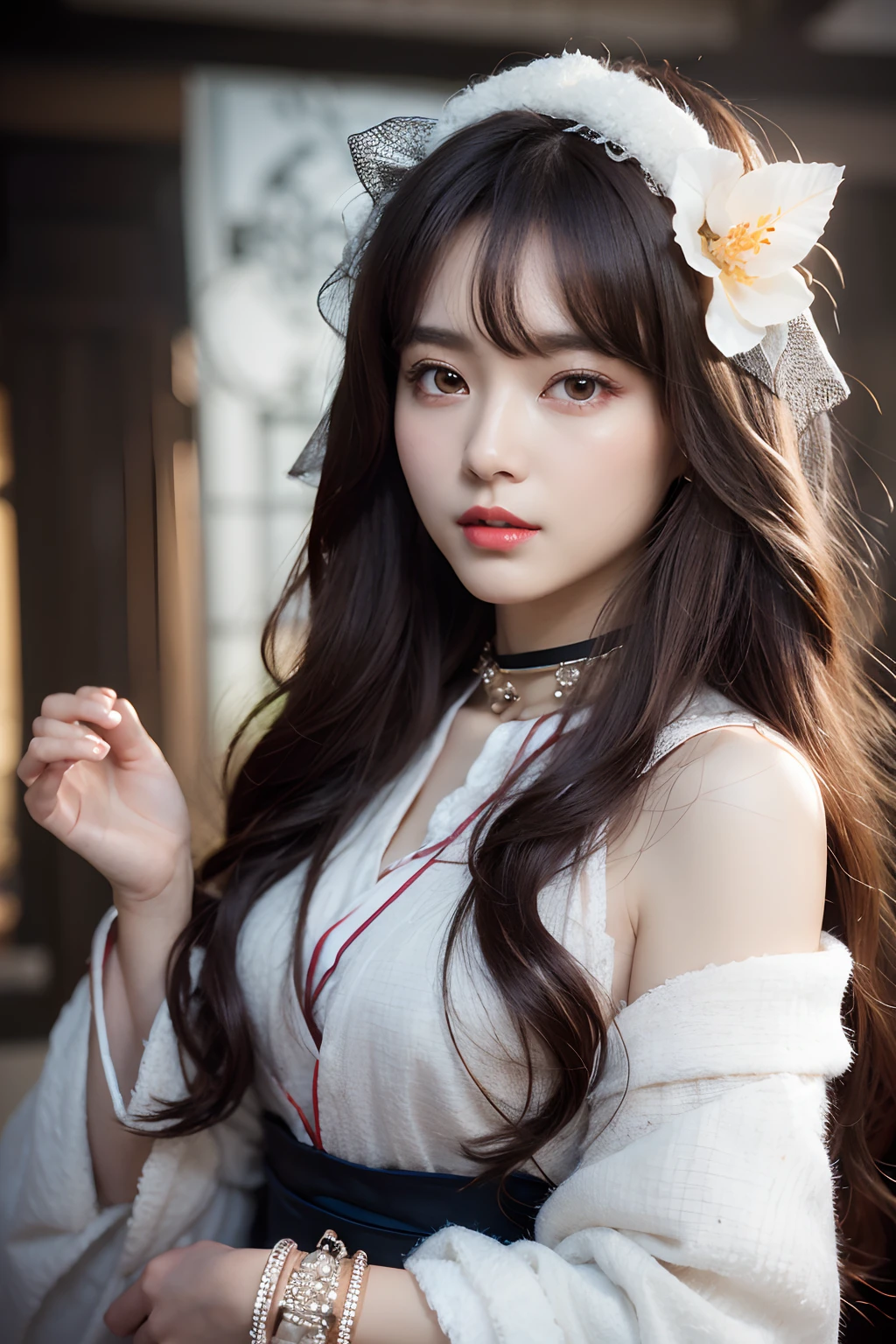 Works of masters,Higher quality,超高分辨率,8K分辨率,depth of fields,in a panoramic view,first person perspective,Slim waist,Vivid colors,s the perfect face,Girl,solo person,ssmile,Red lips,Big eyes,long whitr hair,A brown-haired,Wave head,Bracelet,Collar,bangle,Gorgeous Hanfu,frilld,lacing,White gauze shawl,fur shawl,Facing the viewer,eventide,Temple,Natural soft light