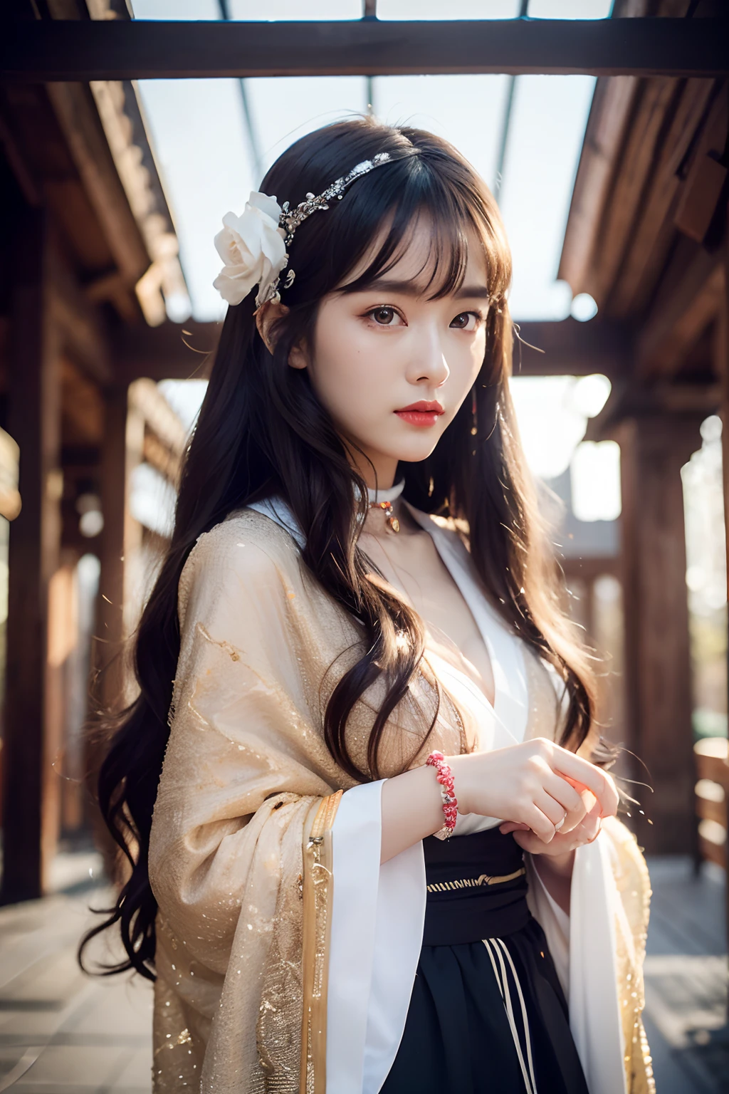 Works of masters,Higher quality,超高分辨率,8K分辨率,depth of fields,in a panoramic view,first person perspective,Slim waist,Vivid colors,s the perfect face,Girl,solo person,ssmile,Red lips,Big eyes,long whitr hair,A brown-haired,Wave head,Bracelet,Collar,bangle,Gorgeous Hanfu,frilld,lacing,White gauze shawl,fur shawl,Facing the viewer,eventide,Temple,Natural soft light