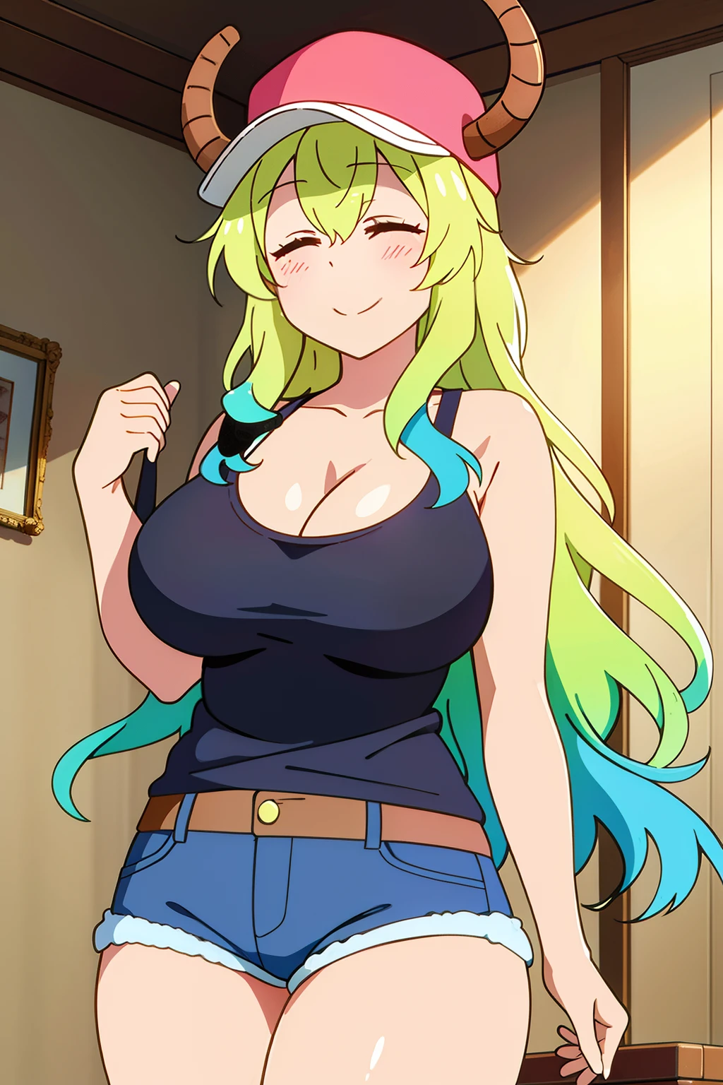 masterpiece, perfect lighting, (beautiful, best quality:1.3), perfect eyes, absurdres, 8k,
1girl, solo, (absurdres), finely detail, smile,
lucoa_quetzalcoatl, multicolored hair, closed eyes,
dragon horns, dragon girl,  large breasts, multicolored hair, blonde hair,
hat, cleavage, cowboy shot,
short shorts, tank top, denim, baseball cap, from below, white panties,