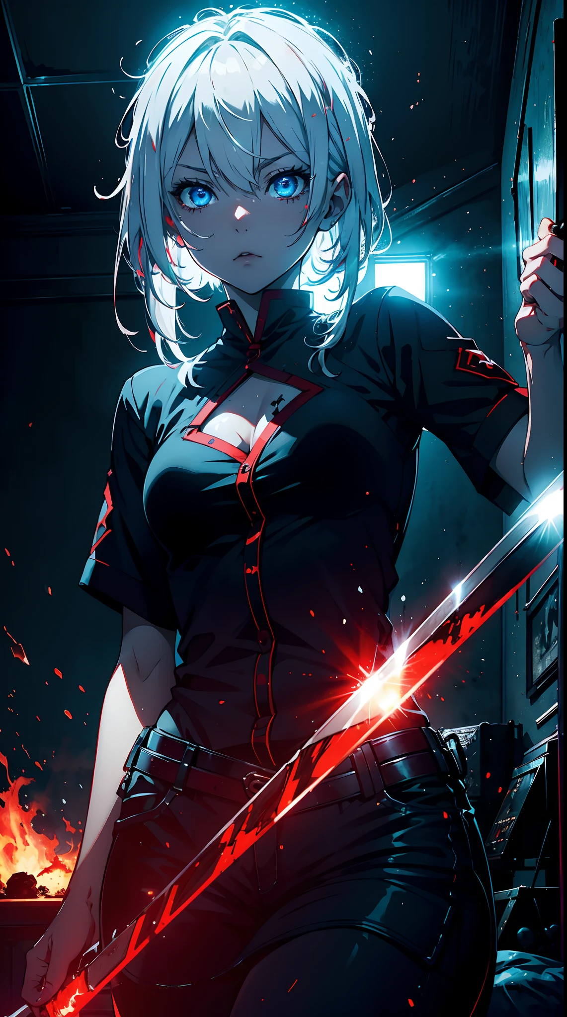 Gril, li,white hair, blue eyes,Holding a knife, red liquid and red blood, living room background.HD lighting and dark )(epic image quality) dark atmosphere with bright particle light(many effects in background)