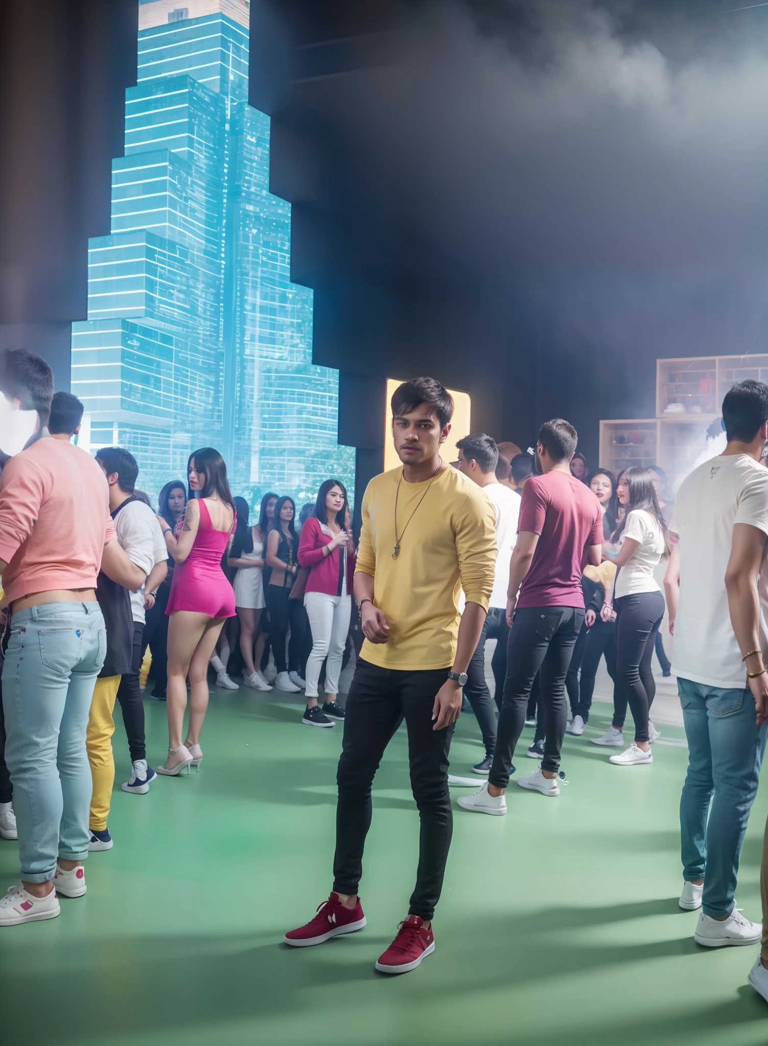 there are many people standing in a line in front of a building, performing a music video, stylish pose, model posing, people dancing in background, cinematic shoot, full body photogenic shot, people enjoying the show, party people in background, shot on nikon z9, many partygoers, scene from a rave, dancing in the background, fashion show photo, candid picture, best quality, ultra realistic face, hyperrealistic, hyperdetailed, masterpiece, detailed face, realistic face, ultra detailed picture,
