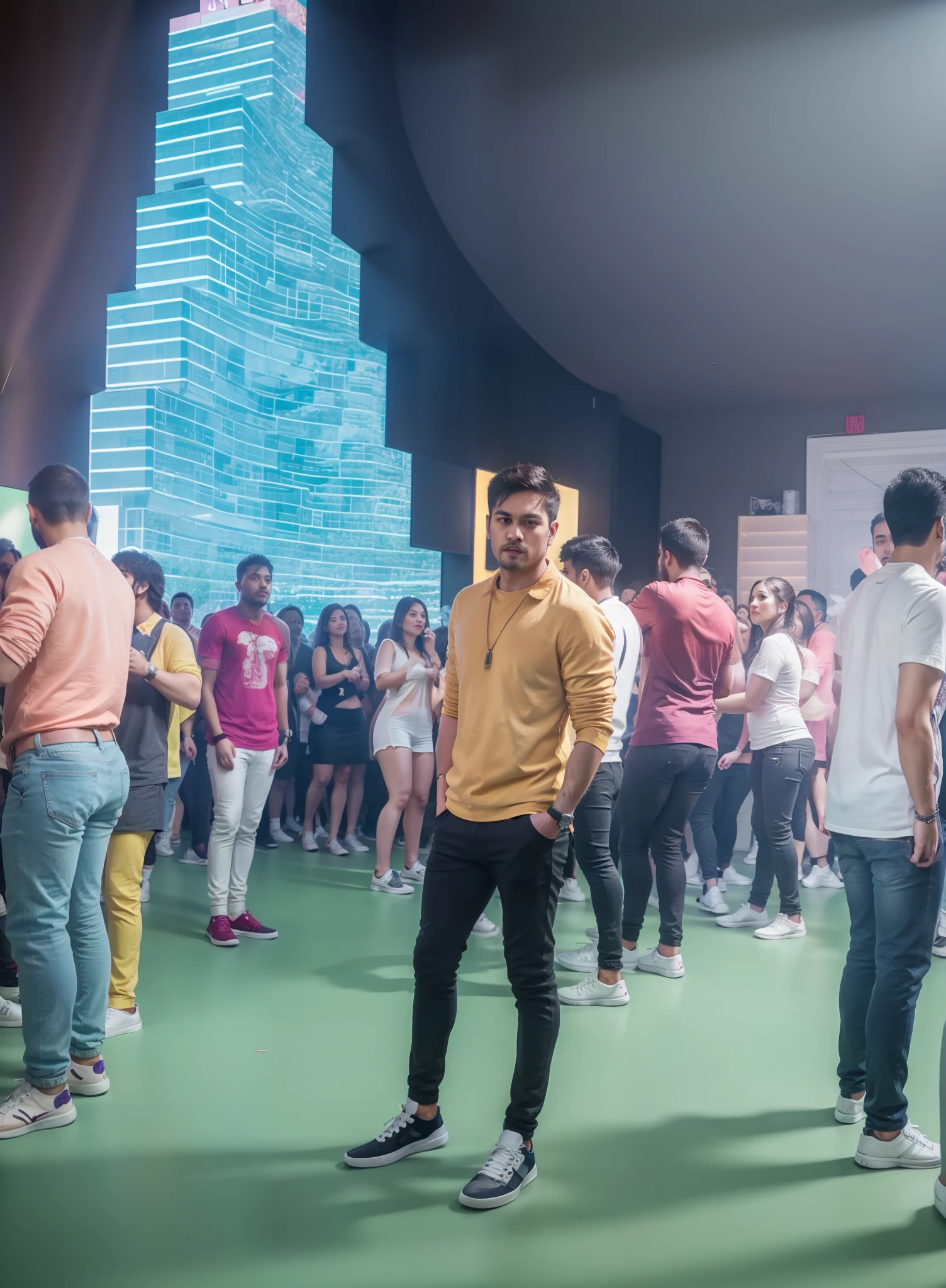 there are many people standing in a line in front of a building, performing a music video, stylish pose, model posing, people dancing in background, cinematic shoot, full body photogenic shot, people enjoying the show, party people in background, shot on nikon z9, many partygoers, scene from a rave, dancing in the background, fashion show photo, candid picture, best quality, ultra realistic face, hyperrealistic, hyperdetailed, masterpiece, detailed face, realistic face, ultra detailed picture,