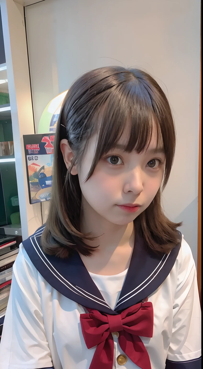 There was a young girl in a sailor's suit standing in front of the bookshelf, Anime girl in real life, wearing a Japanese school uniform