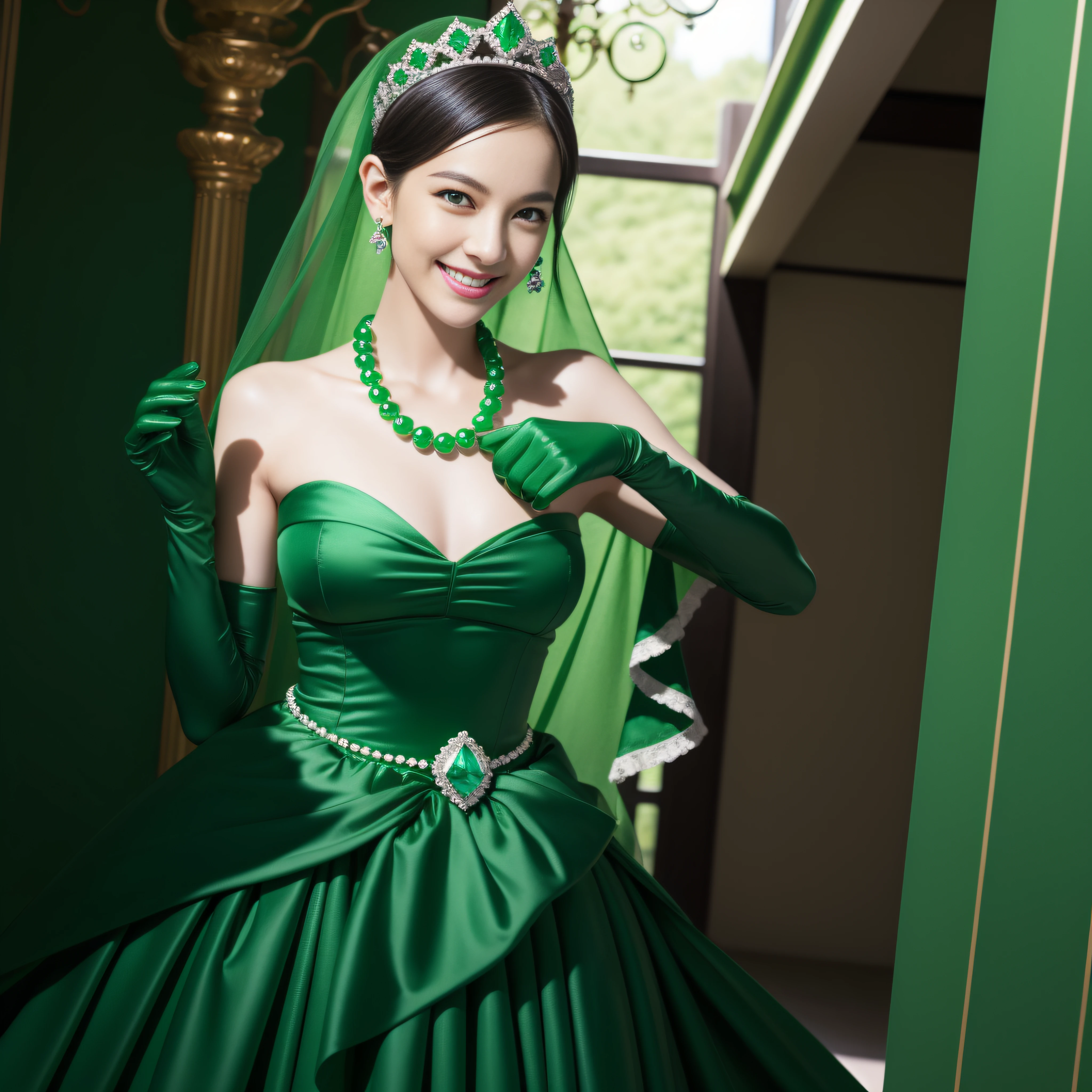 emerald tiara, Green Pearl Necklace, Boyish very short green hair, lipsticks, Japan woman smiling, very short short hair, fist, big breasts beautiful, Green eyes, Long green gloves made of satin material, Green eyes, Emerald Earrings