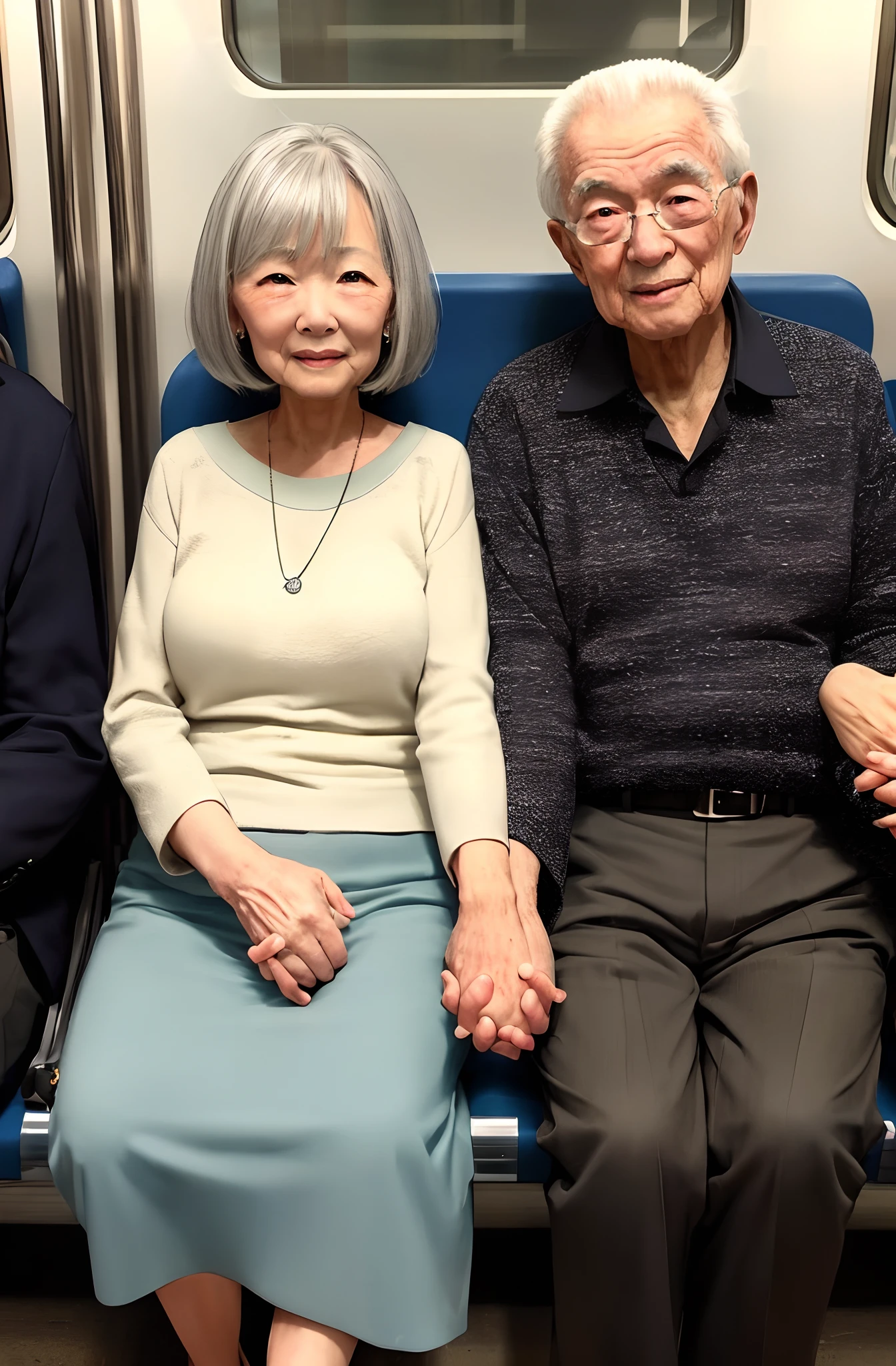 Elderly couple sitting on train holding hands、pleasant、Each other's wedding rings stand out、Holding hands