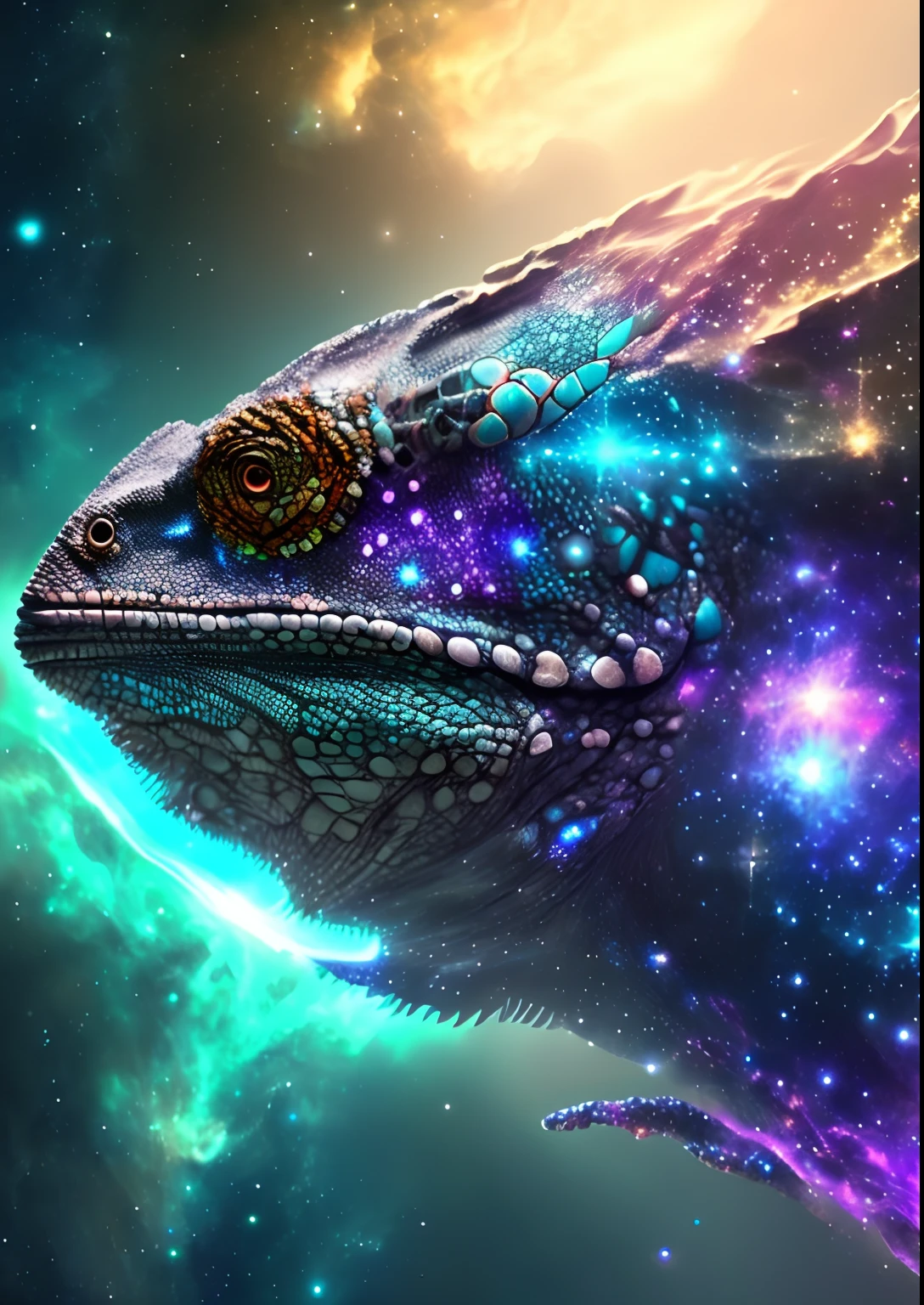 dreamlikeart, galaxy, outer space, nebula, star, [cyberpunked] Chameleon from the stars. (star:1.5),