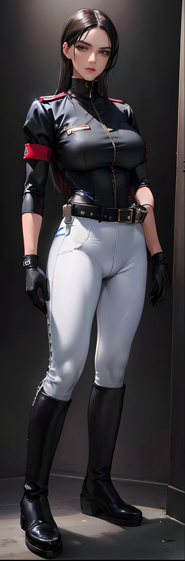 (highest resolution, distinct_image) best quality, a woman, solo, masterpiece, highly detailed, semi realistic, black cropped, black hair, bangs, 18 years old, mature, young, tall strong, uniform, military uniform,indoor background, cold, serious, tall, handsome, autocratic, powerful, exquisite facial features, exquisite facial features, (full body)(black knee-high boots)(dominatrix:0.3)(white Yoga pants),(hands on hip)(gloves:1.5)
